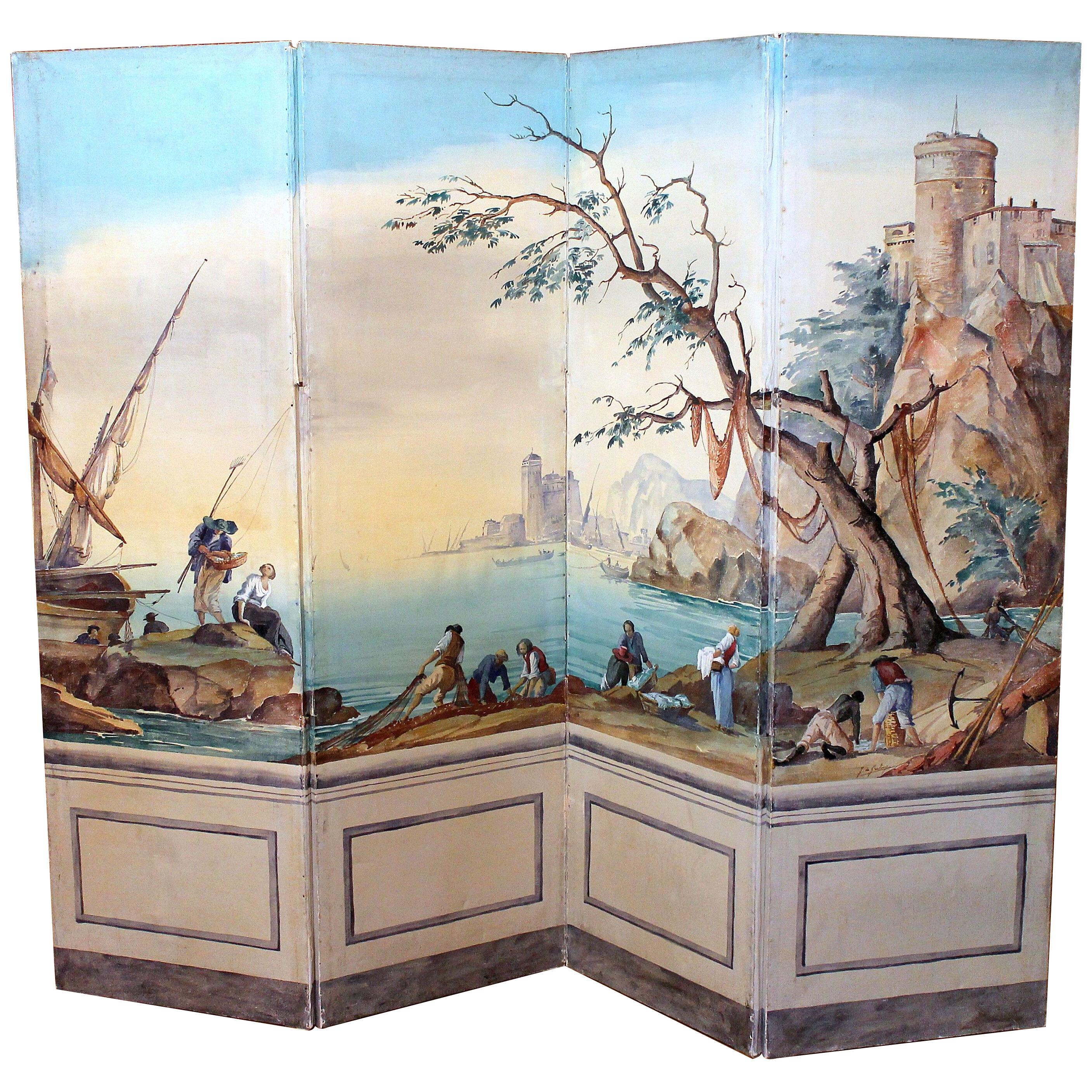 French early 20th Century Tempera on Canvas Folding Screen with Seascape View