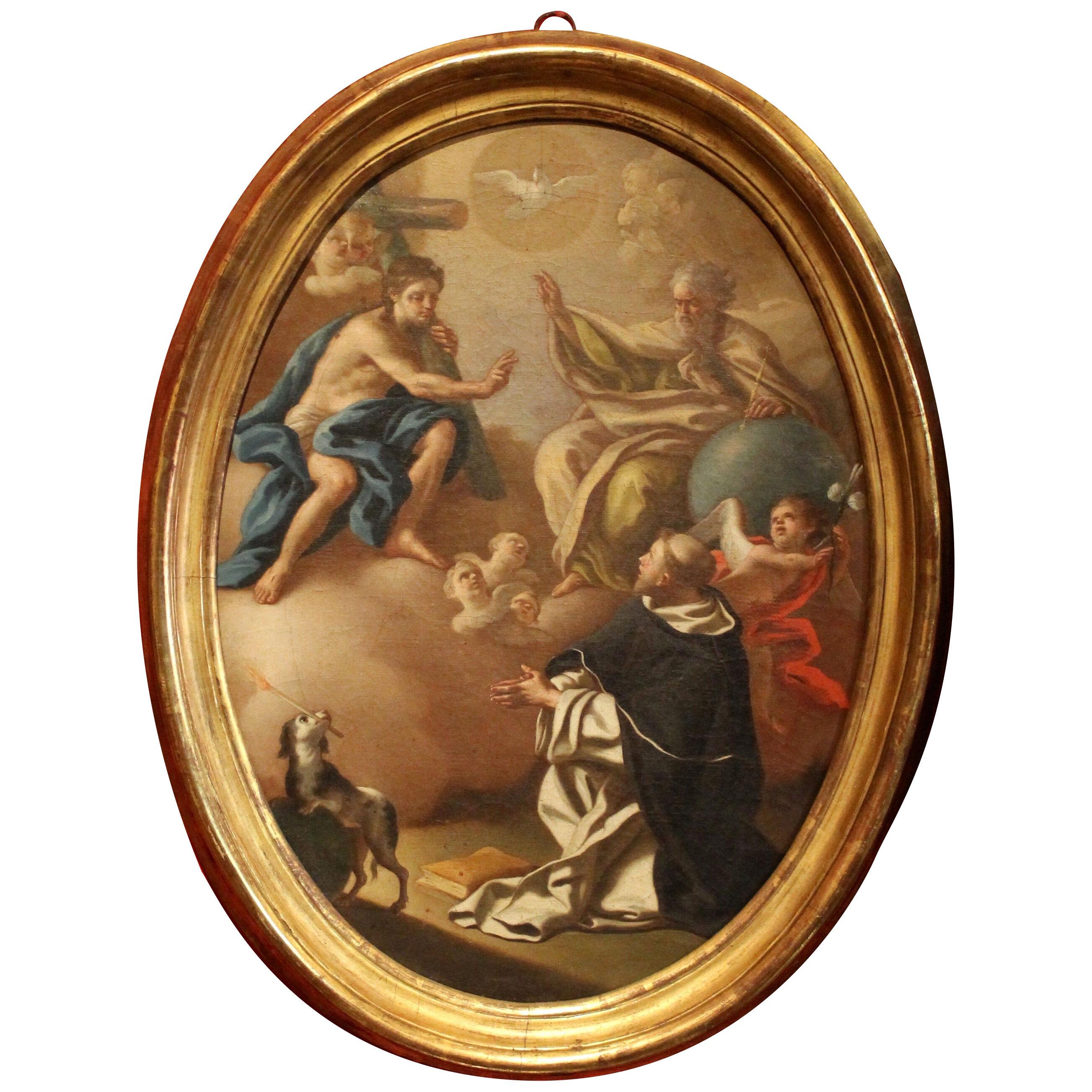 Italian 18th Century Oval Religious Oil on Canvas Painting with Saint Dominic