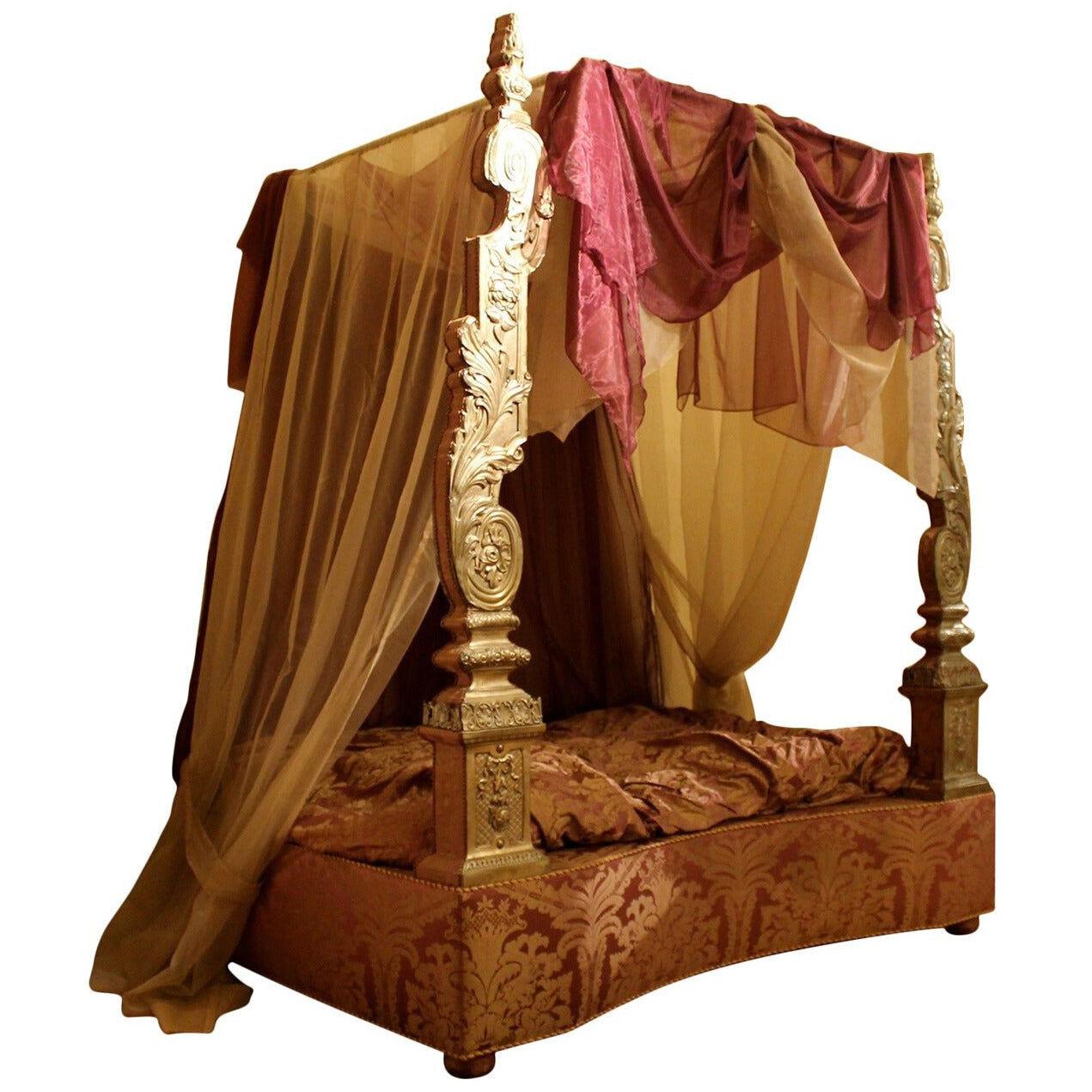 Italian 19th Century Canopy Bed with Silver Friezes and Upholstered Purple Silk