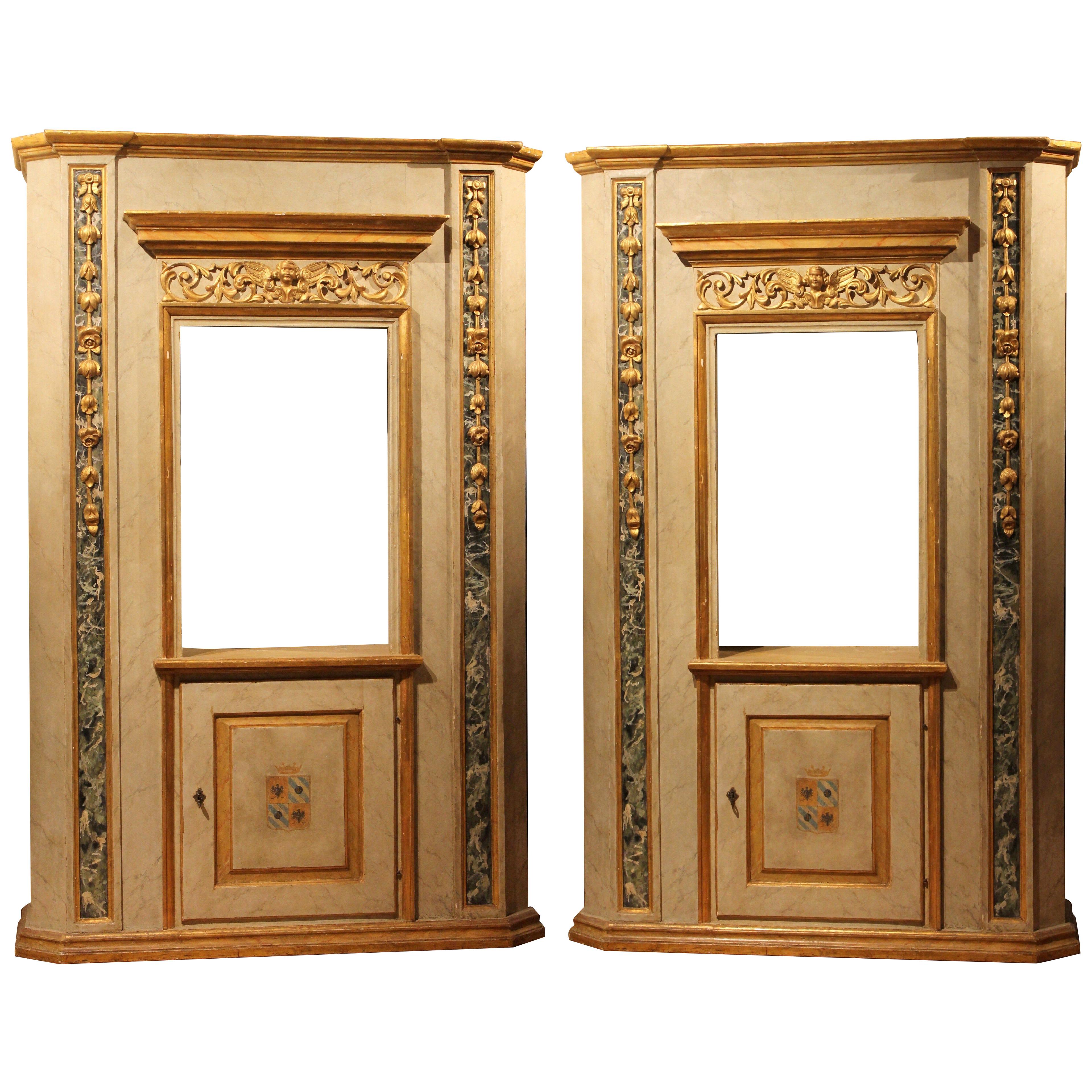 Italian Neoclassical Faux Marble Lacquer and Giltwood Open Shelves Cabinets