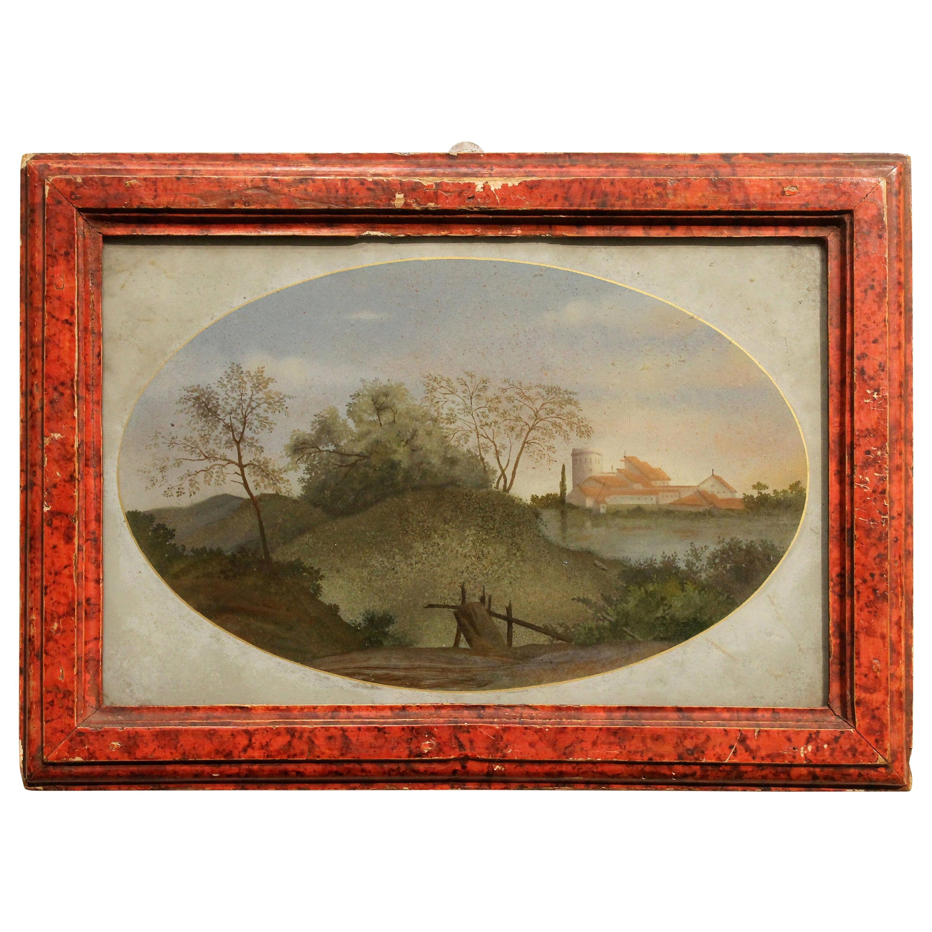 18th Century Italian Landscape Oil Painting on Glass with Red Lacquer Frame