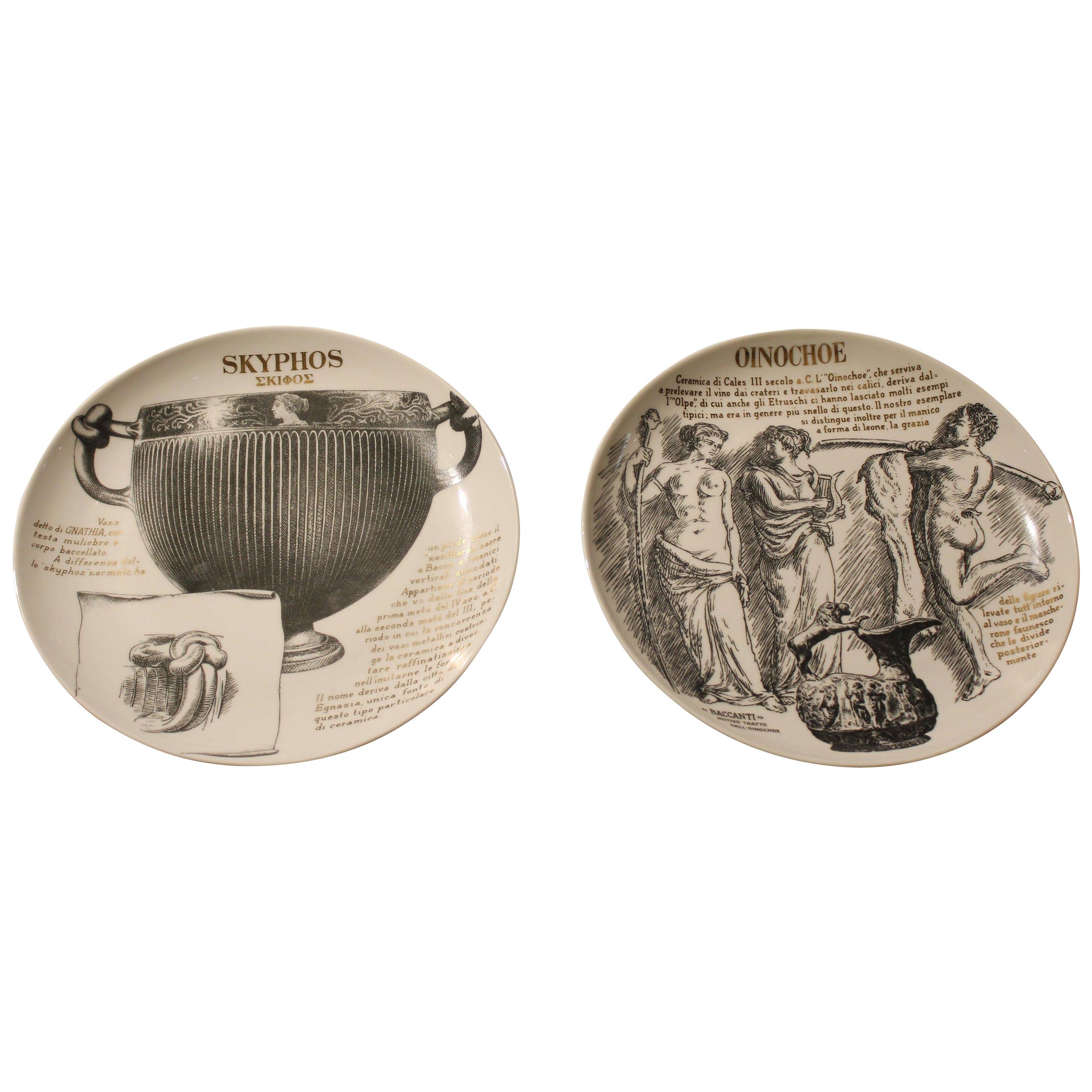 Fornasetti Limited Edition White Porcelain, Black and Gold Printed Plates 1970s