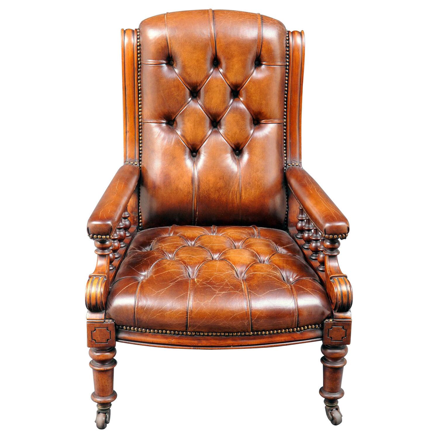 Victorian Mahogany and Leather Library Armchair, Circa 1860