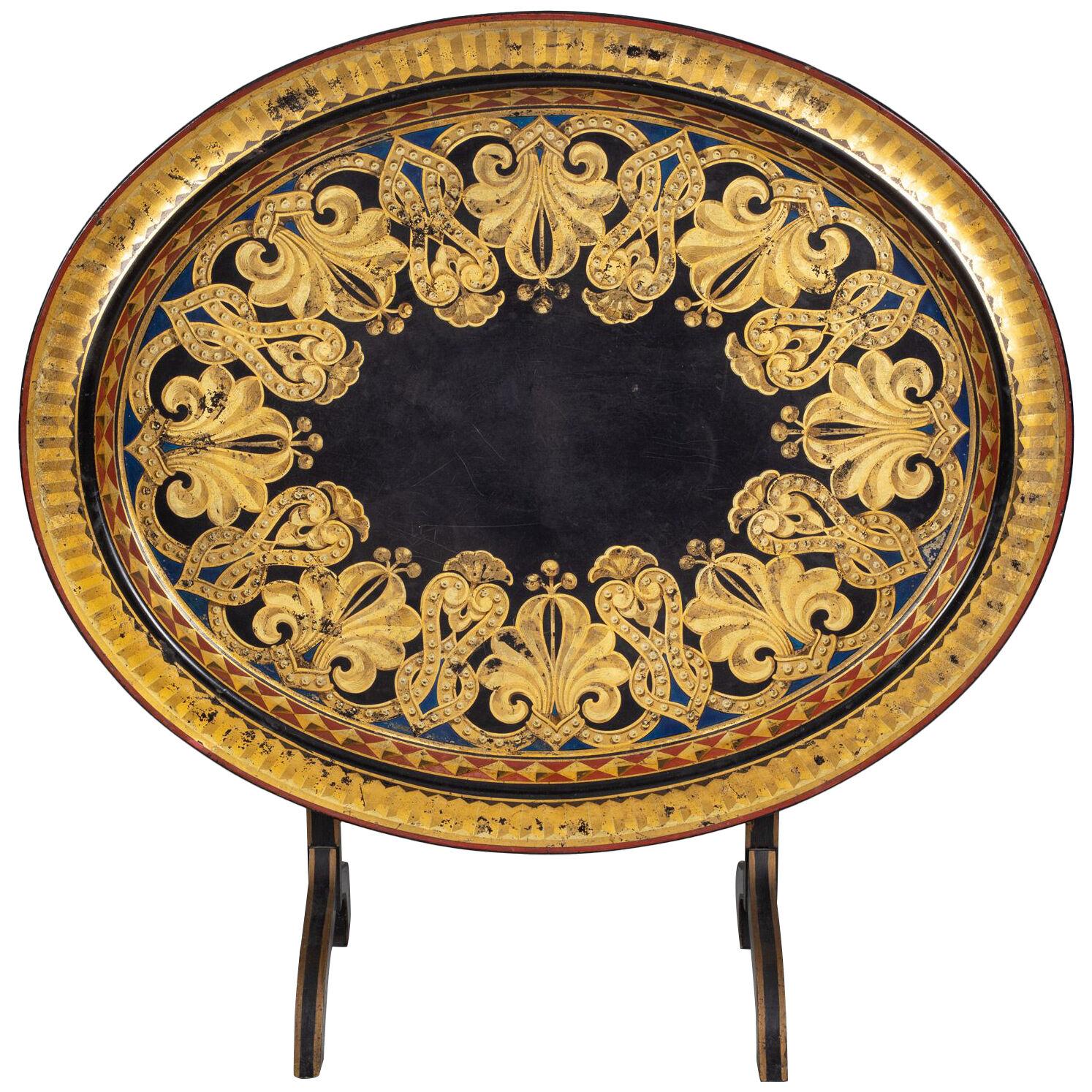 Black Lacquered & Parcel Gilt Tray on Tilting Stand