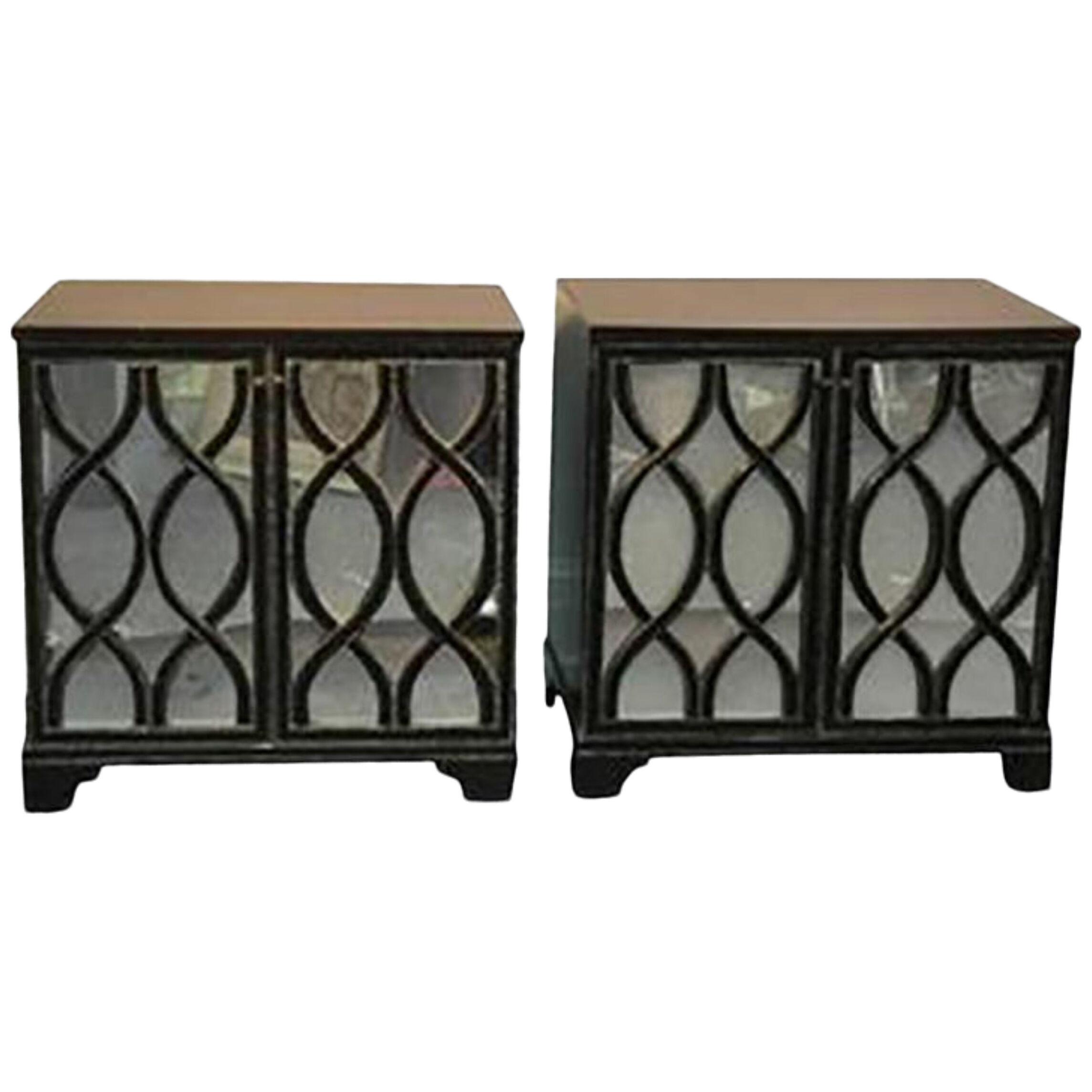 James Mont Inspired Mirrored Commodes With Carved Wood Overlay - a Pair
