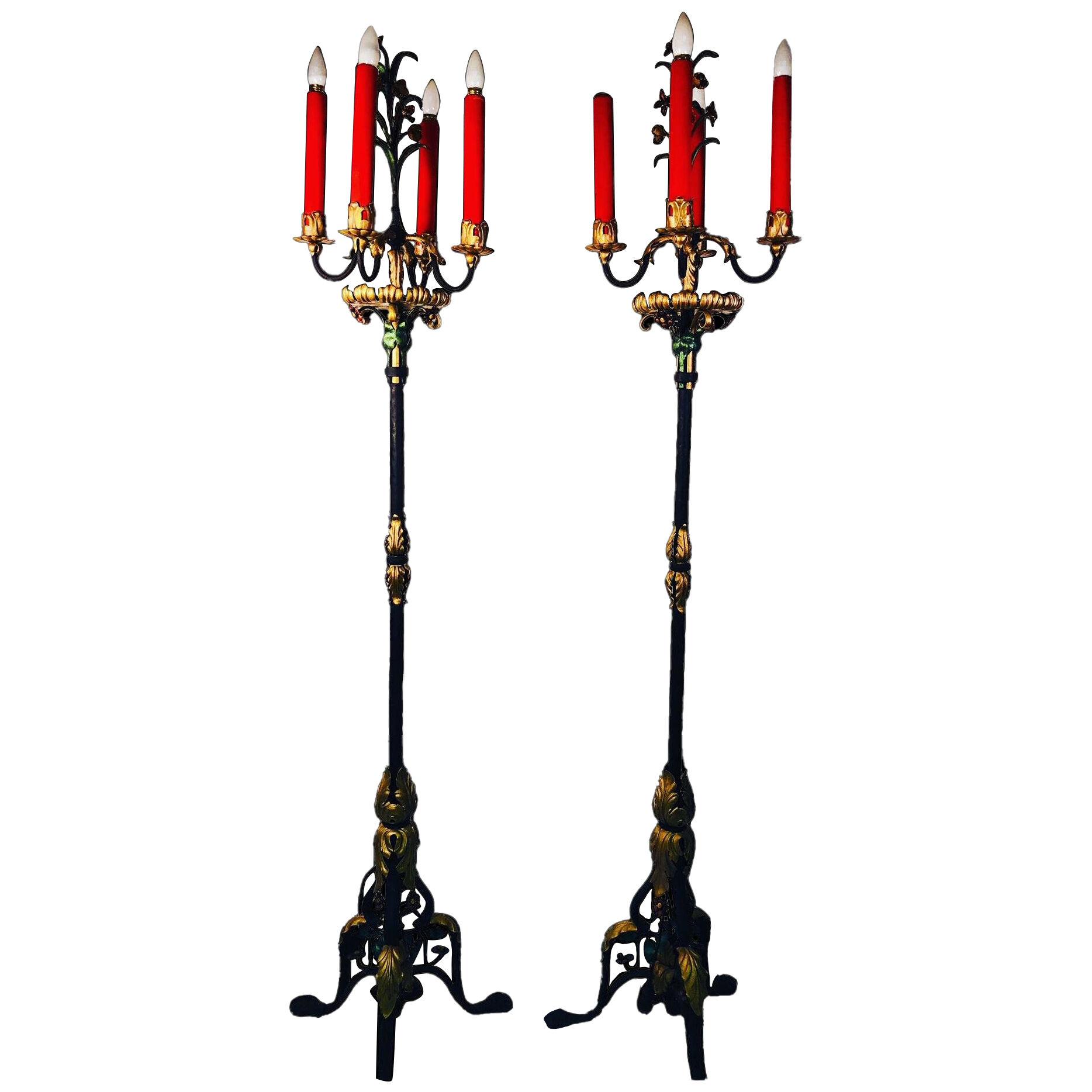 1930s Monumental Iron Candelabra Torchieres - a Pair