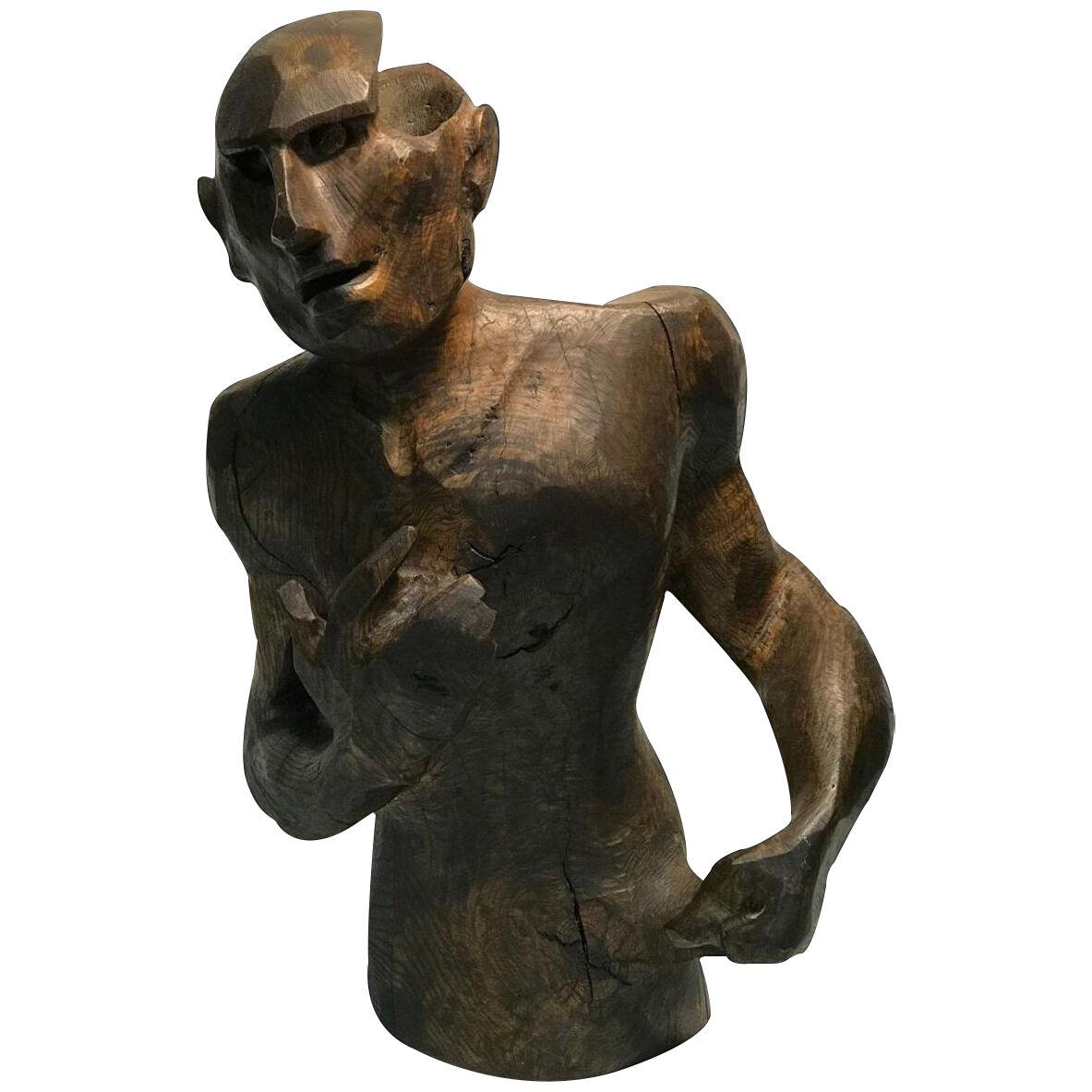 1980s Sycamore Wood Sculpture of a Man's Figure	