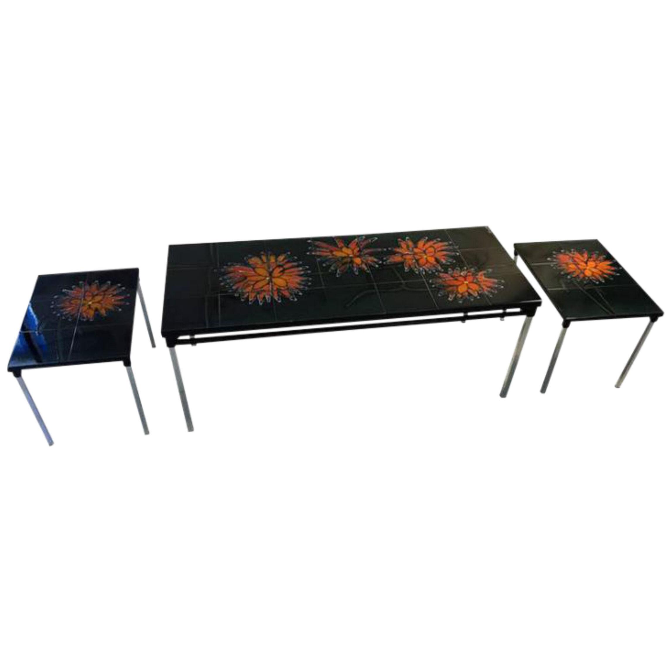 Flower Power Italian Tile Coffee Table and End Tables - a Pair	