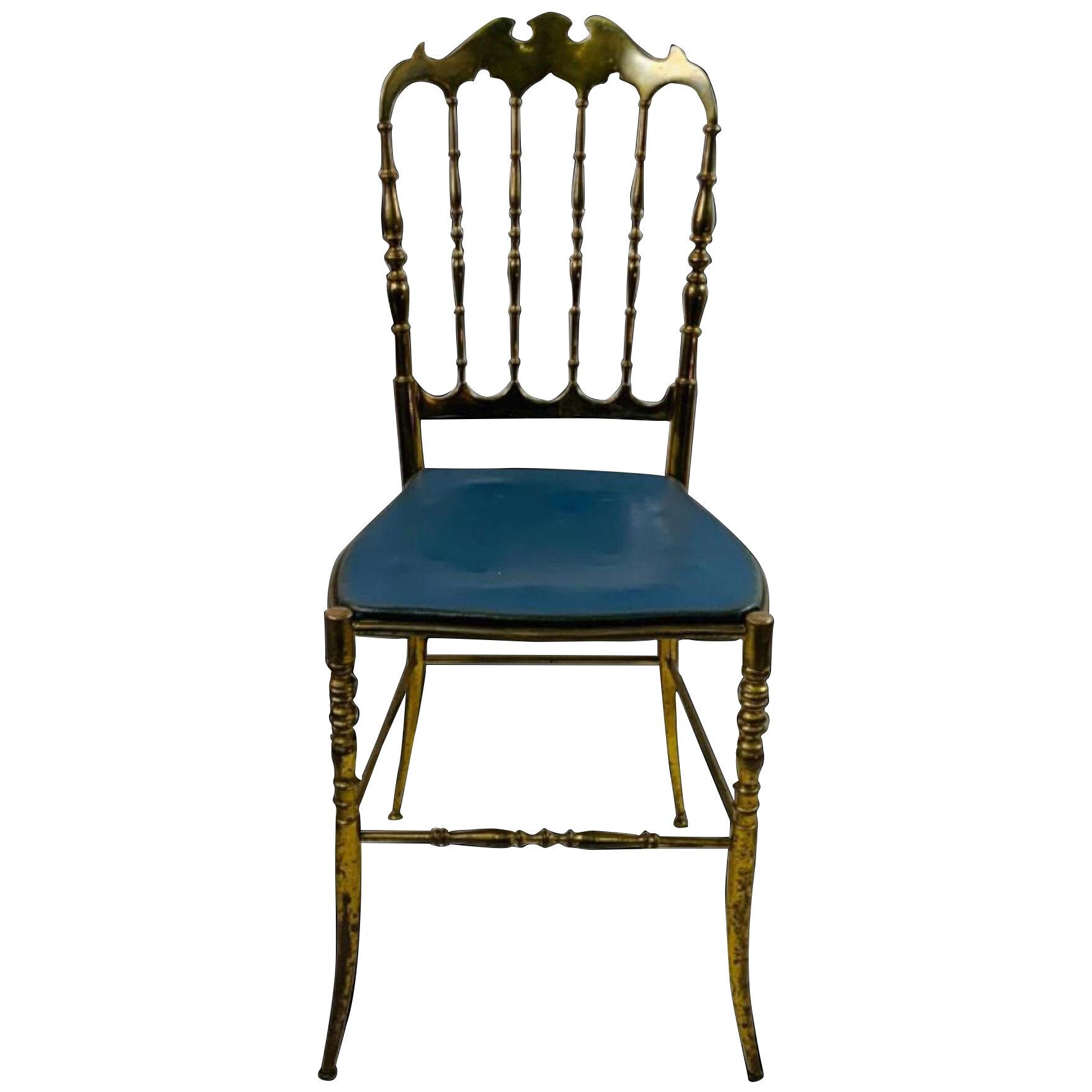 Vintage Solid Blue Leather Upholstered Brass Chiavari Chair