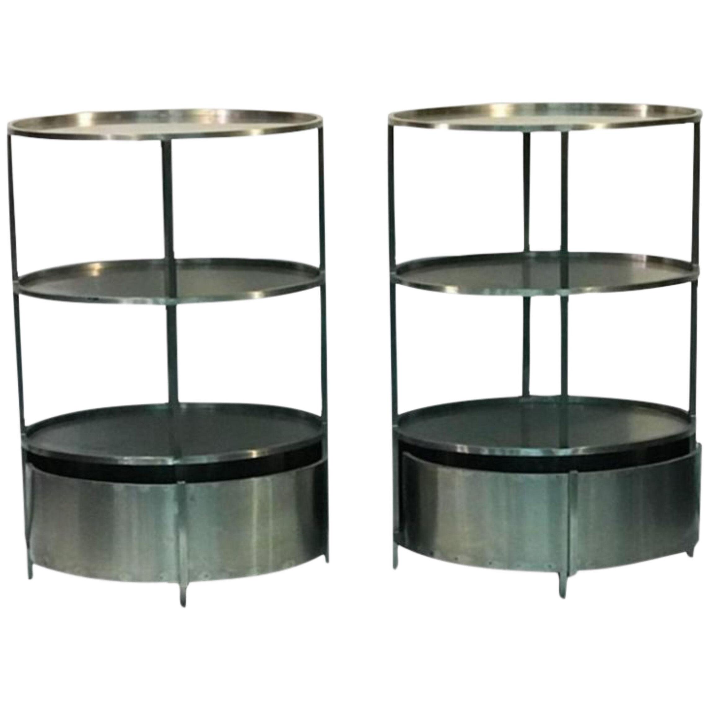 Modern Polished Steel Triple Tier Stands - a Pair	