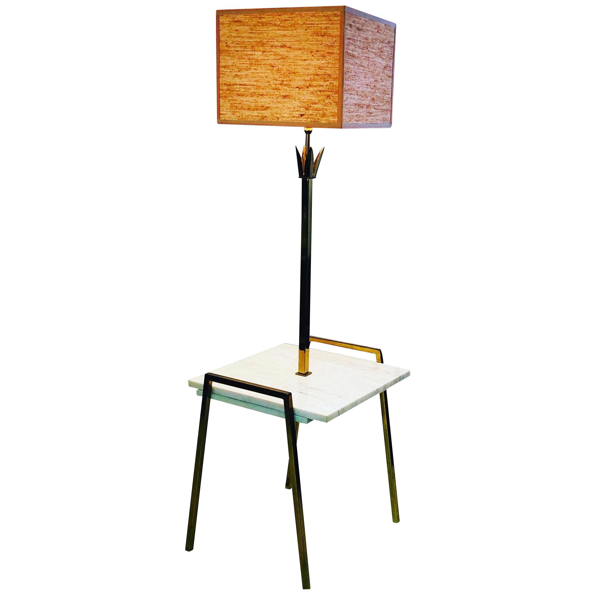 Tommi Parzinger Style Marble and Brass Metal Floor Lamp Side Table	