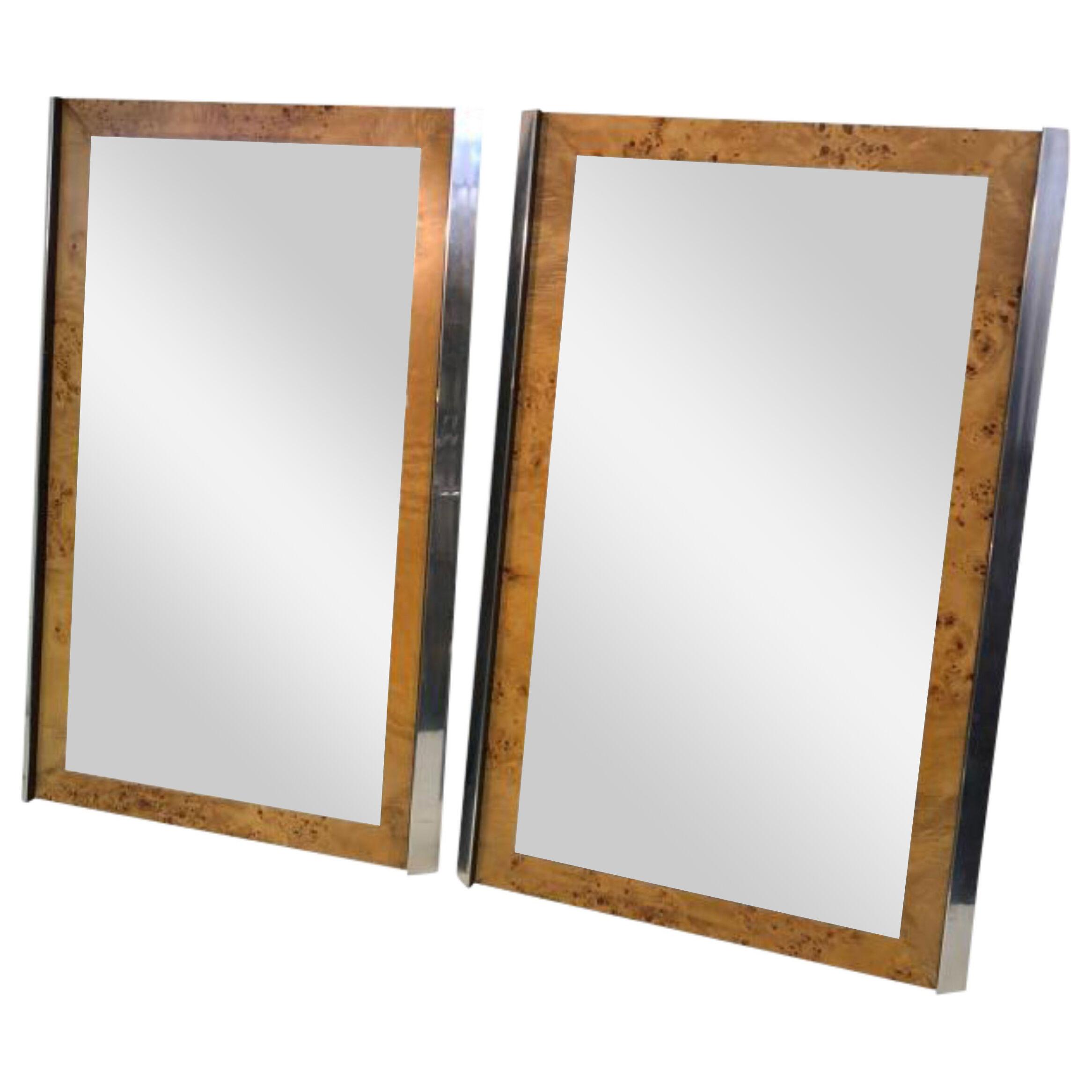 Burlwood and Chrome Modern Mirrors - a Pair	