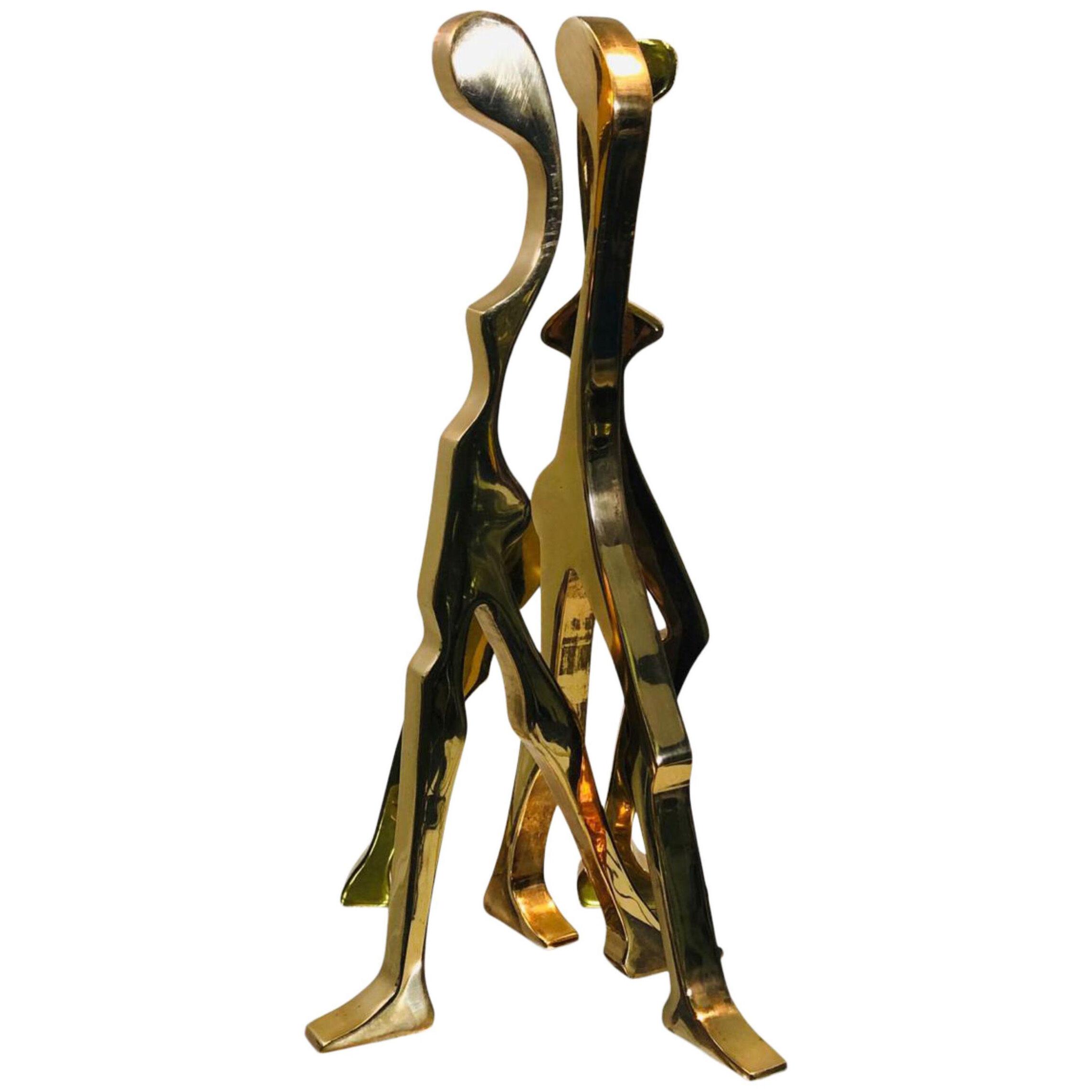 1970s Abstract Polished Brass Sculpture on Square Chrome Base	