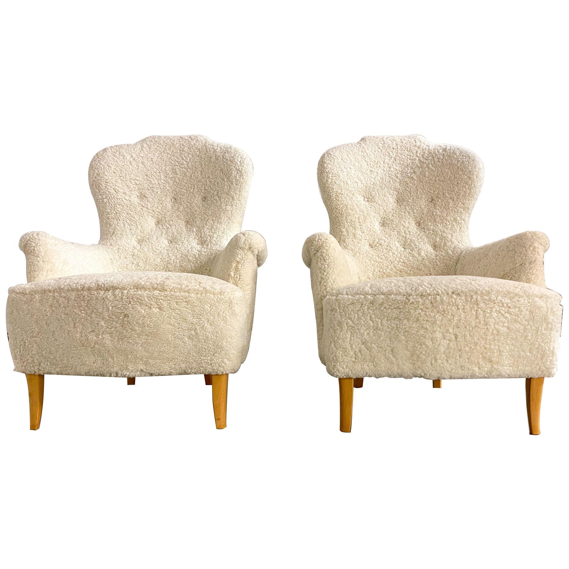 Midcentury Sheepskin Carl Malmsten Model 'Farmor' Set of 2 Lounge Chairs