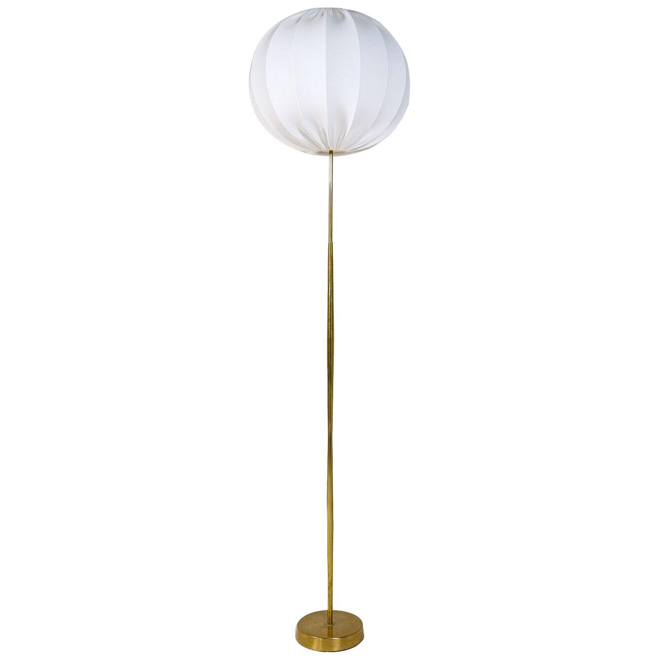 Midcentury ASEA Brass Floor Lamp with Round Cotton Shade, Sweden, 1960s