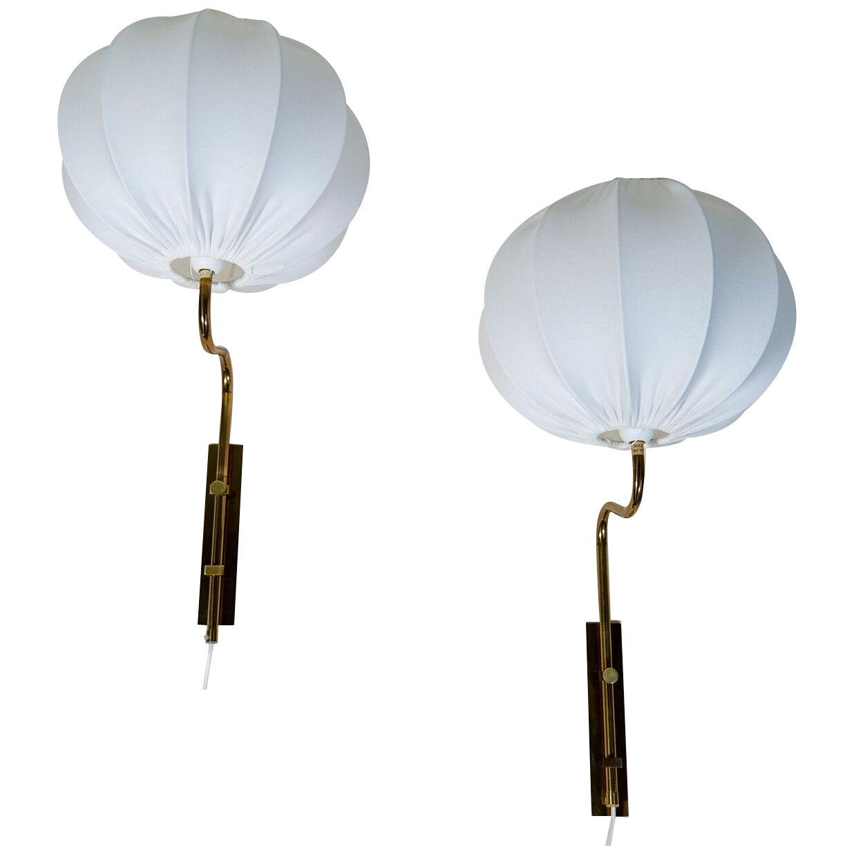 Midcentury Brass Wall Lights Bergboms with Cotton shades, Sweden, 1970s