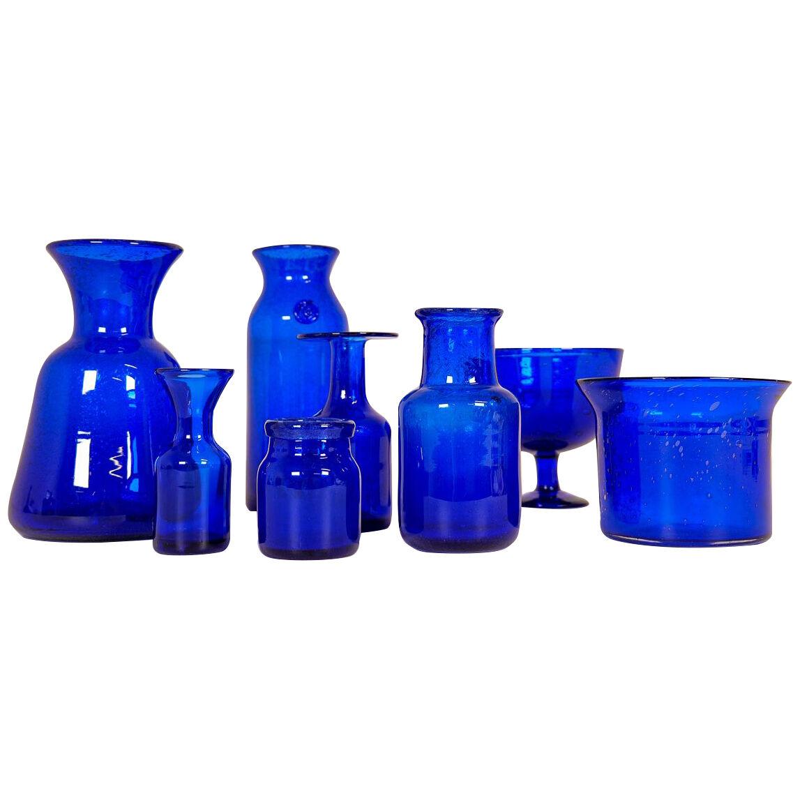 Midcentury Collection of Eight Blue Vases by Erik Hoglund, Sweden, 1960s