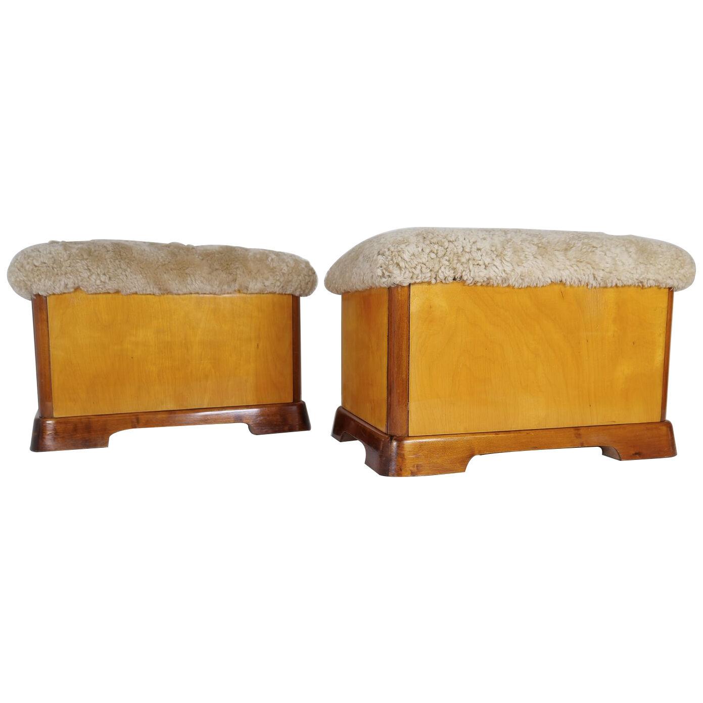 Art Deco Swedish Stools in Lacquered Birch and Mahogany and Sheepskin Seat 1940s