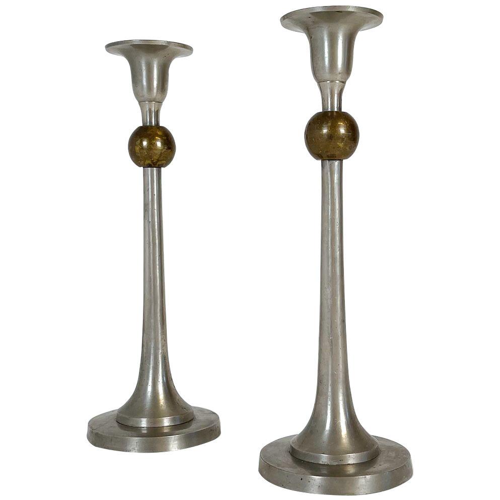 Pair of Art Deco Candelholders in Pewter and Brass Sweden, 1930s