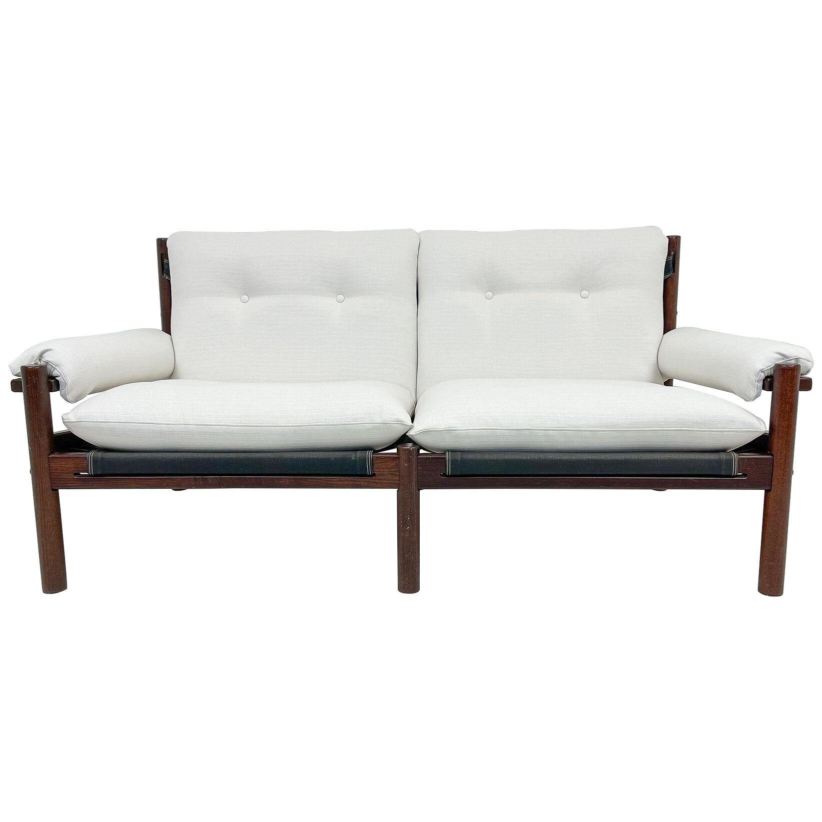 Scandinavian Modern 2 Seat Sofa White Textile and Stained Wood