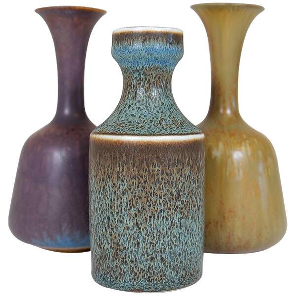 Midcentury Set of 3 Ceramic Vases Rörstrand Gunnar Nylund, Sweden, 1950s