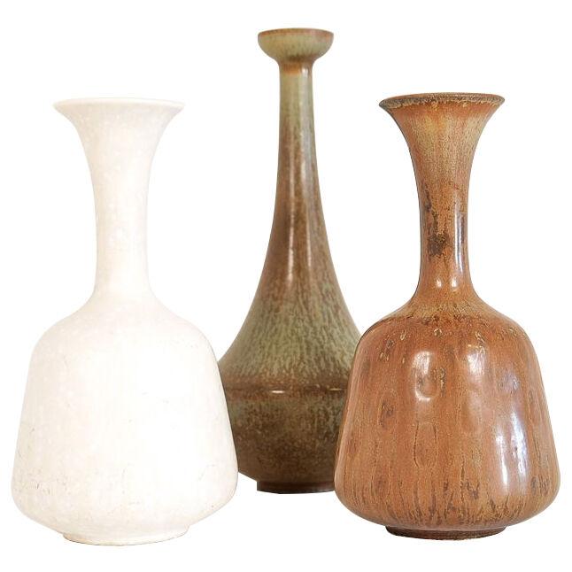 Midcentury Set of 3 Ceramic Vases Rörstrand Gunnar Nylund, Sweden, 1950s