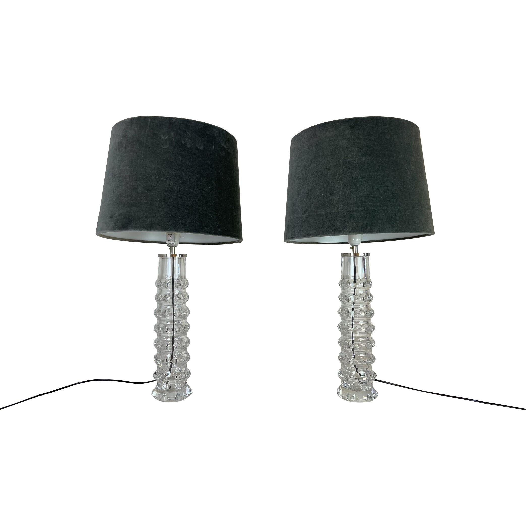 Midcentury Pair of Crystal Lamps by Carl Fagerlund for Orrefors Sweden, 1970s