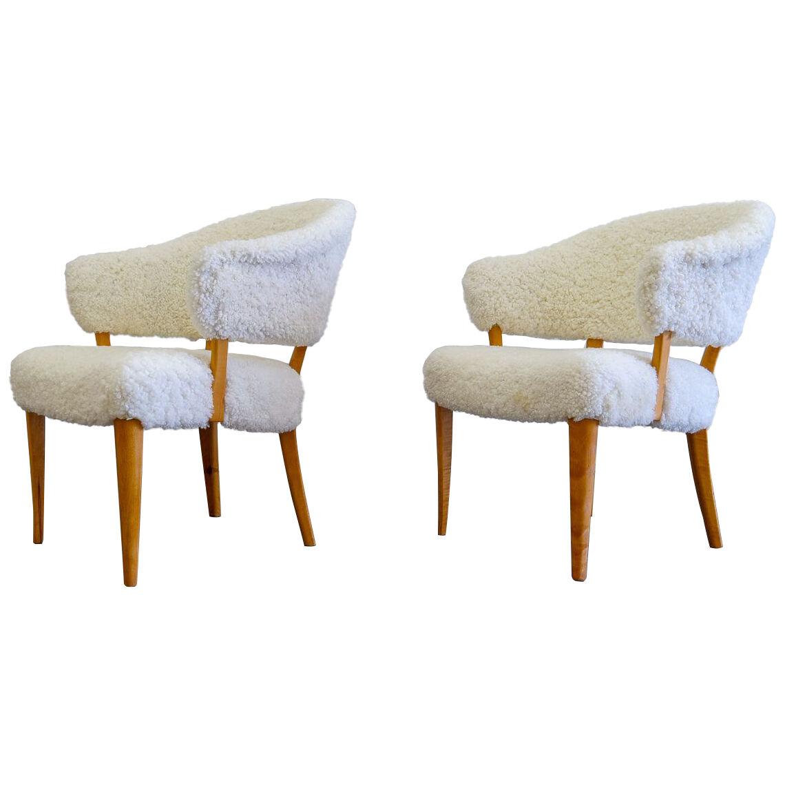 Midcentury Sheepskin/Shearling Carl Malmsten Model 'Lata Greven" Lounge Chairs