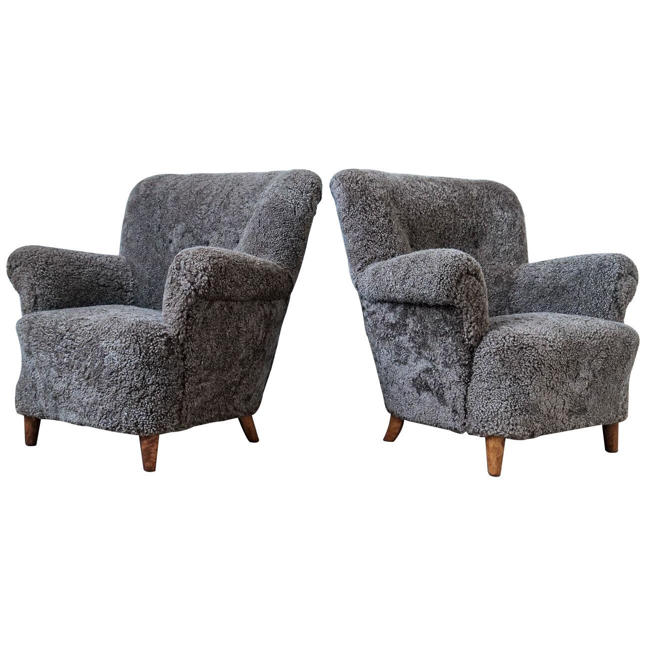 Mid Century Lounge Chairs in Grey/Black Sheepskin Shearling Sweden, 1940s