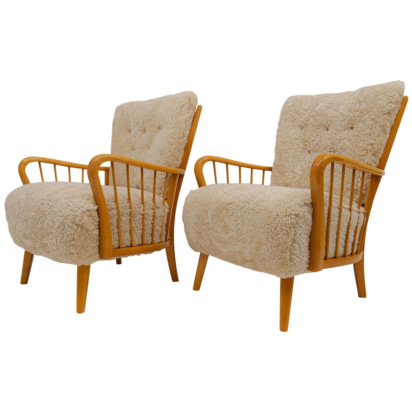 Art Deco Swedish Grace Lounge Chairs in Shearling / Sheepskin 1940s Sweden