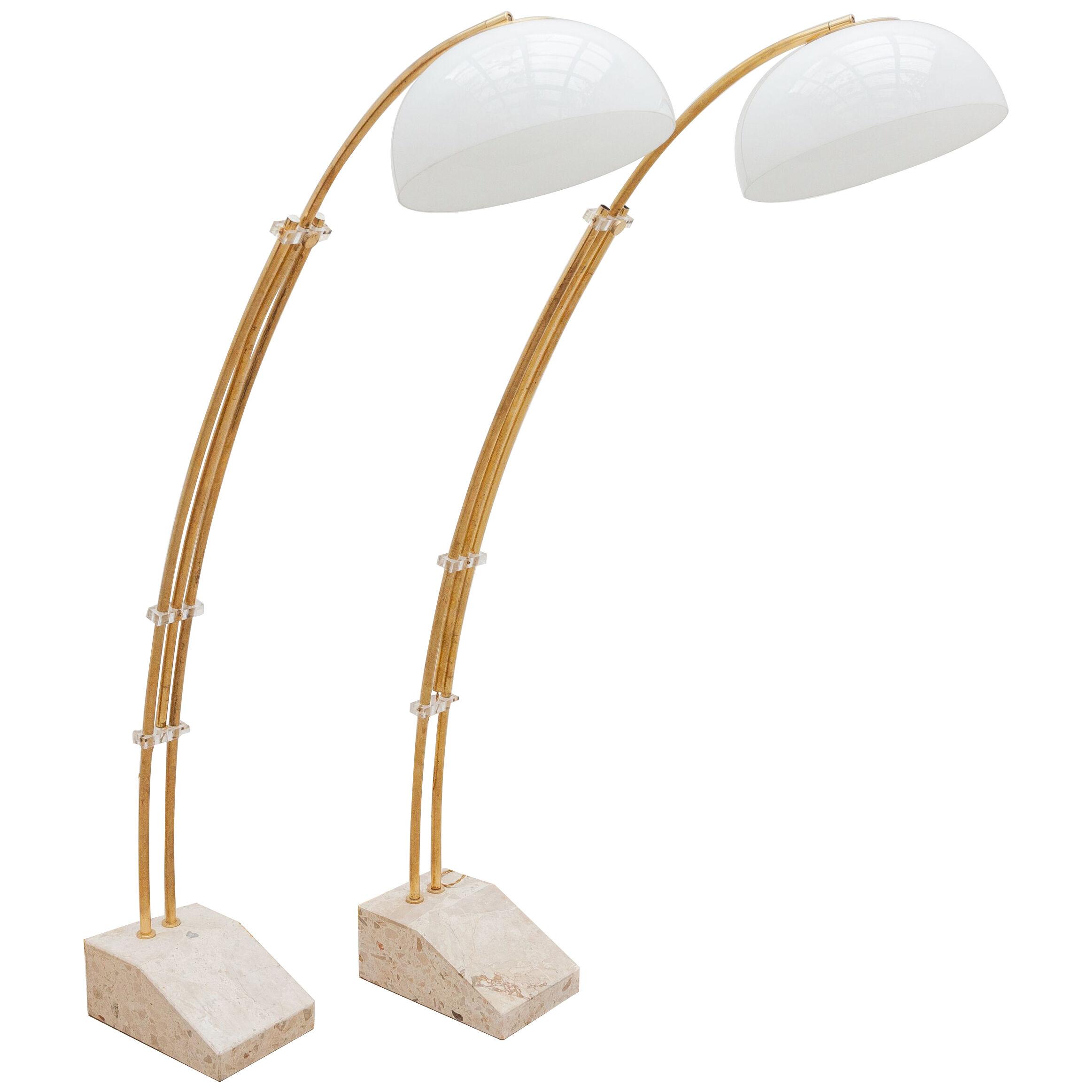  Brass Adjustable Arc Floor Lamps with Marble Base, Italy 1970s