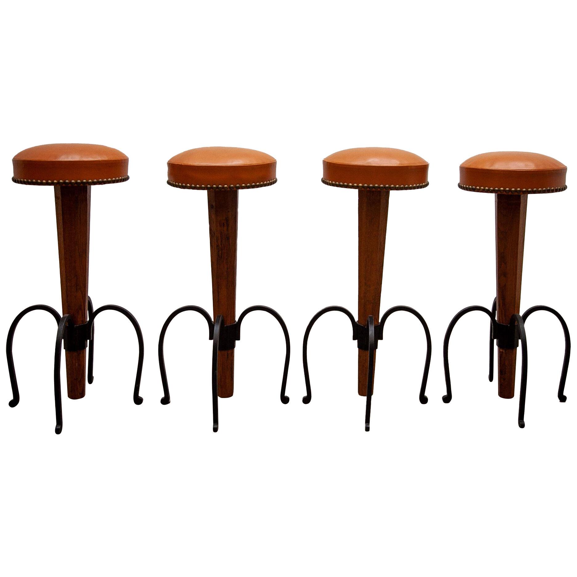 Set of four Brutalist Stools Wrought Iron, Round Camel Leather Seats