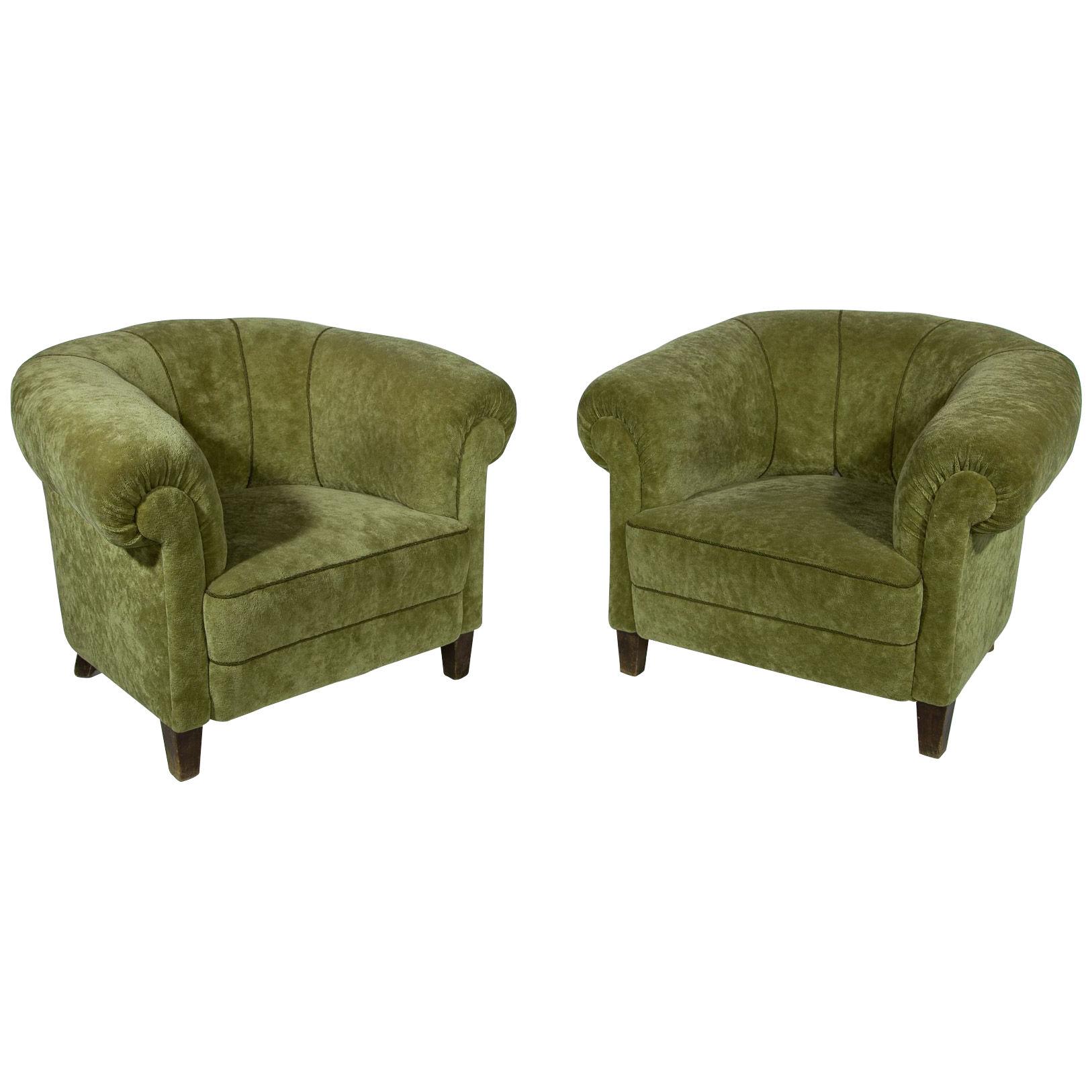 Art Deco Lounge Chairs in Green Olive Velvet Upholstery