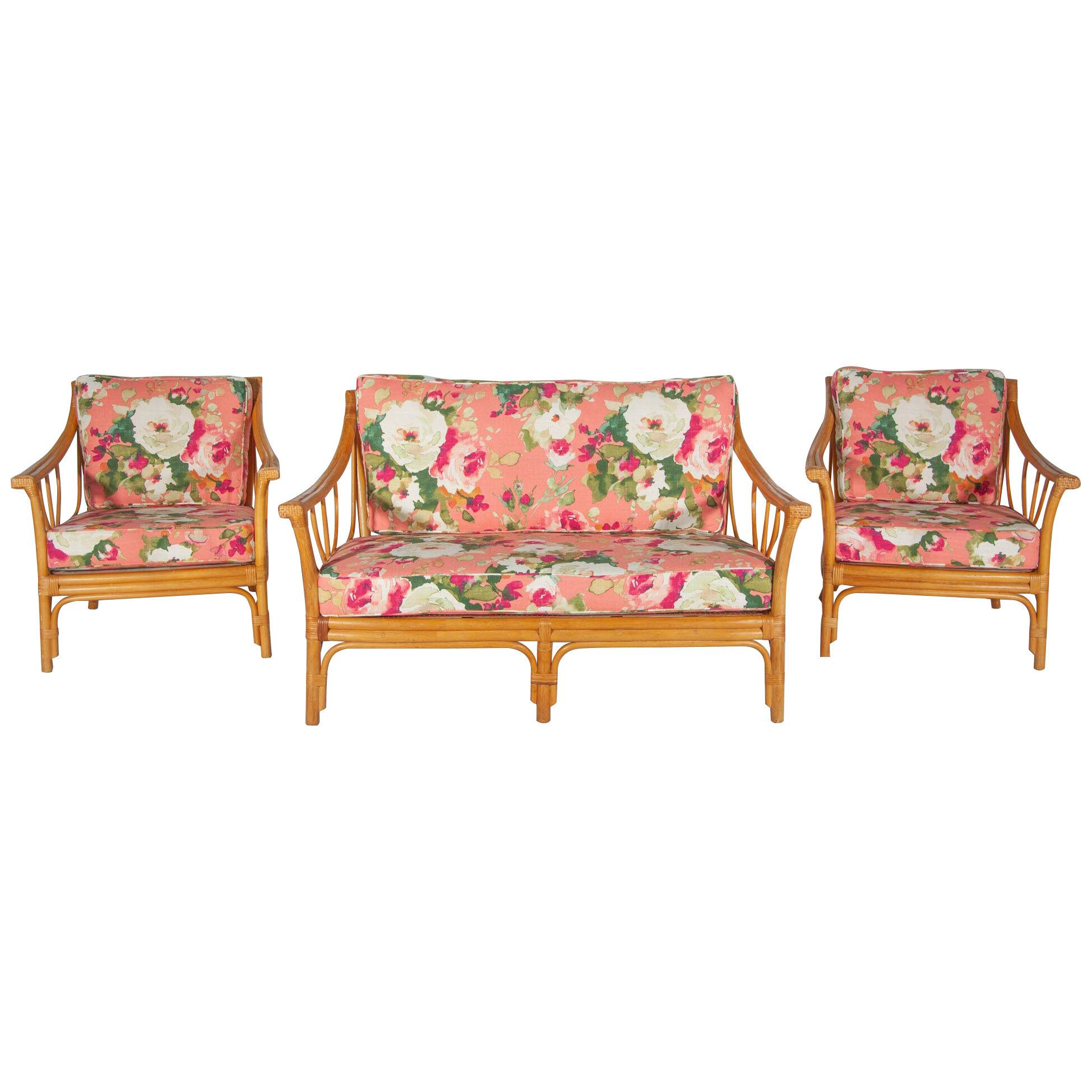 Set of Two Bamboo Floral Lounge Chairs and Sofa Boho Chique