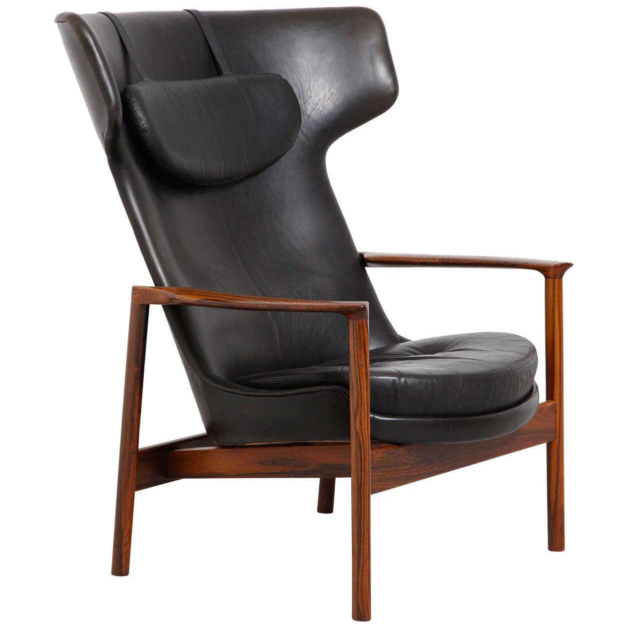 Modern Ib Kofod-Larsen Wingback Black Leather Easy Lounge Chair