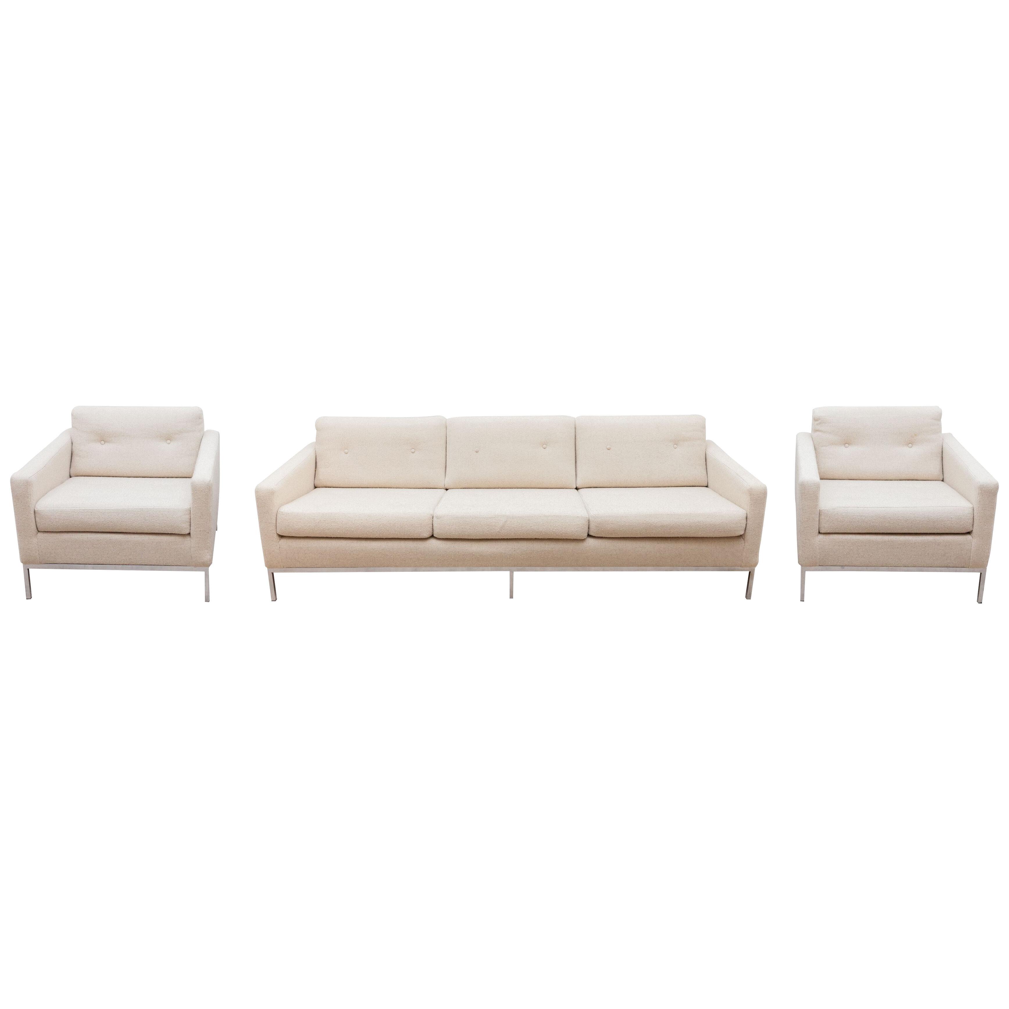Florence Knoll for Knoll White Sofa and Matching Lounge Chairs Living Room Set 