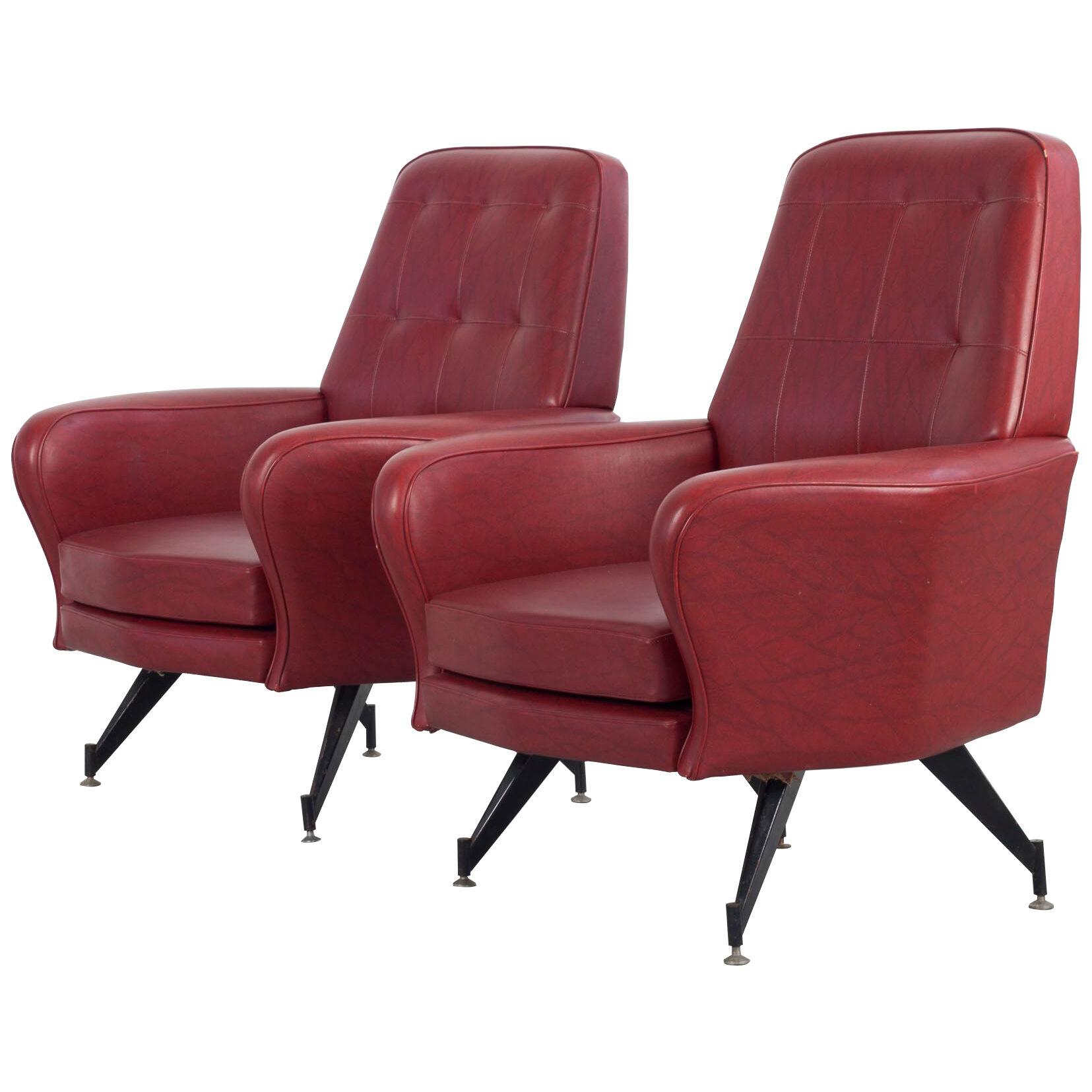 Set of 2 Red Leatherette Armchairs in original Condition, Italy 1950s