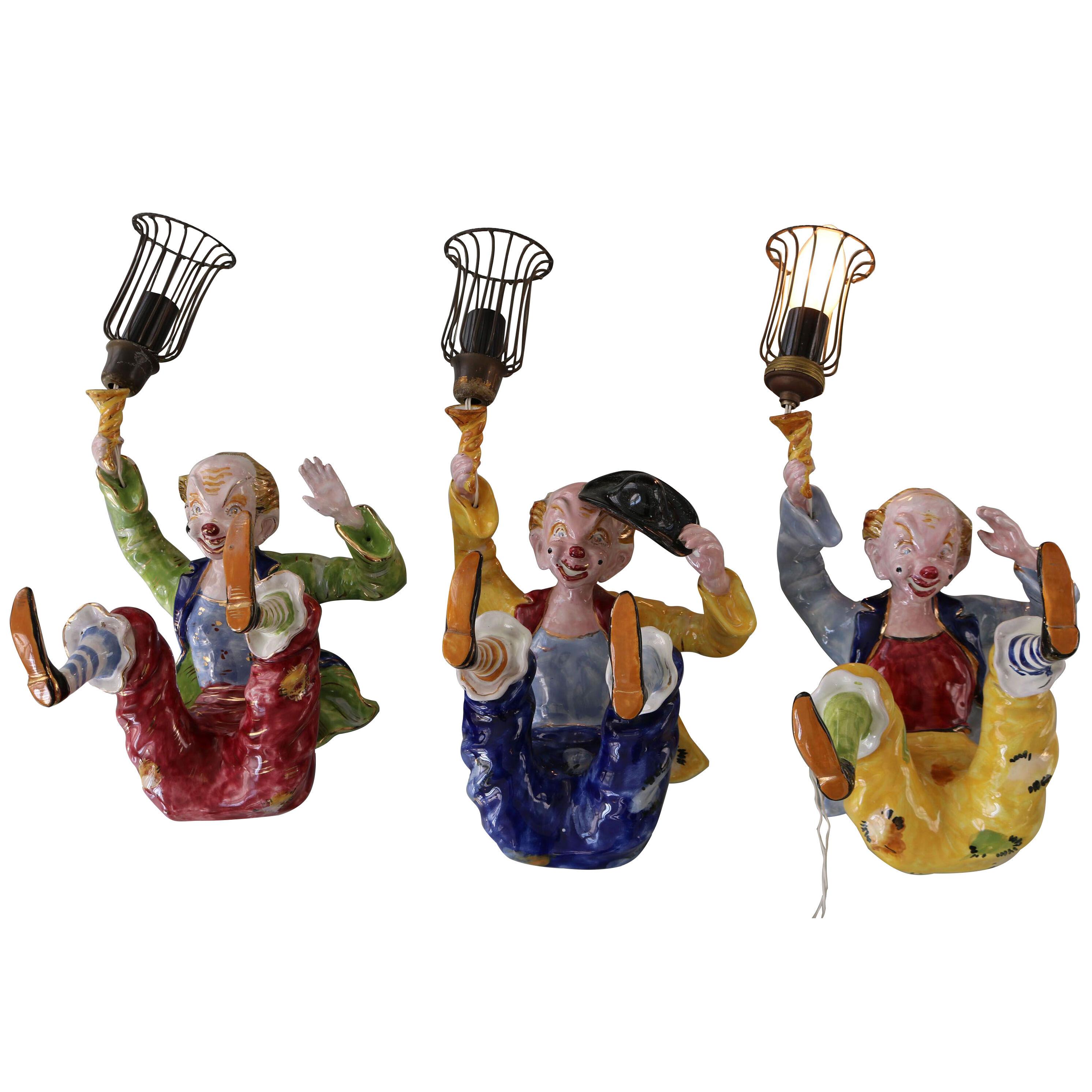 Set of Three Handmade "Clown" Ceramic Wall Sconces from the Italian, 1950s
