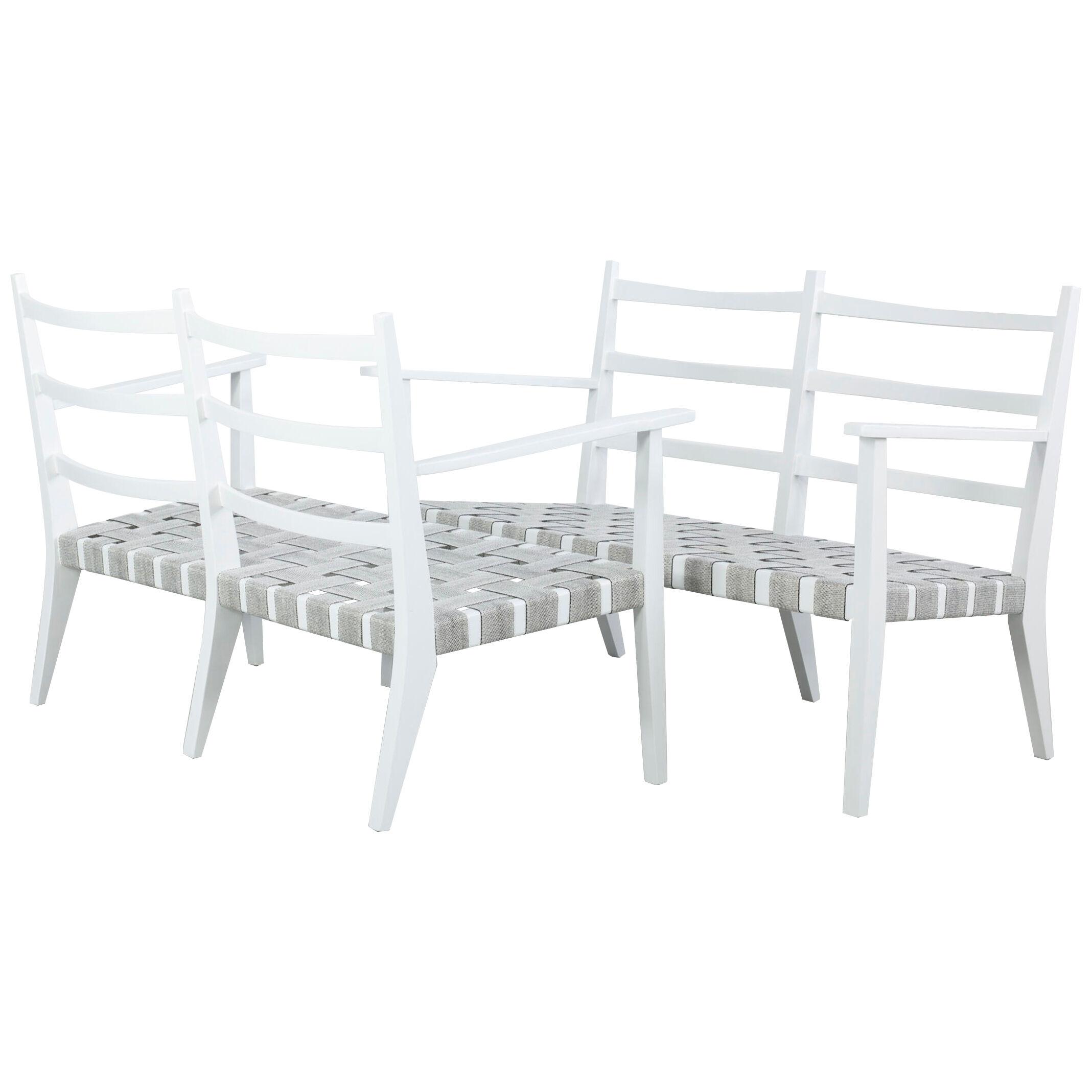 Set of 3 white painted Wooden Benches with 1 Armchair, Italy, 1960s