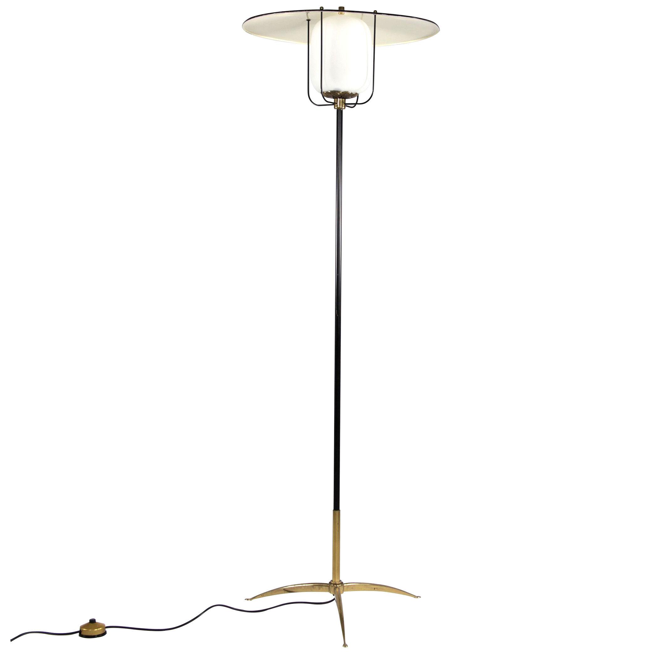 Italian Floor Lamp with Opaline Glass, Dark Lacquered Metal, Brass feet, 1950s.