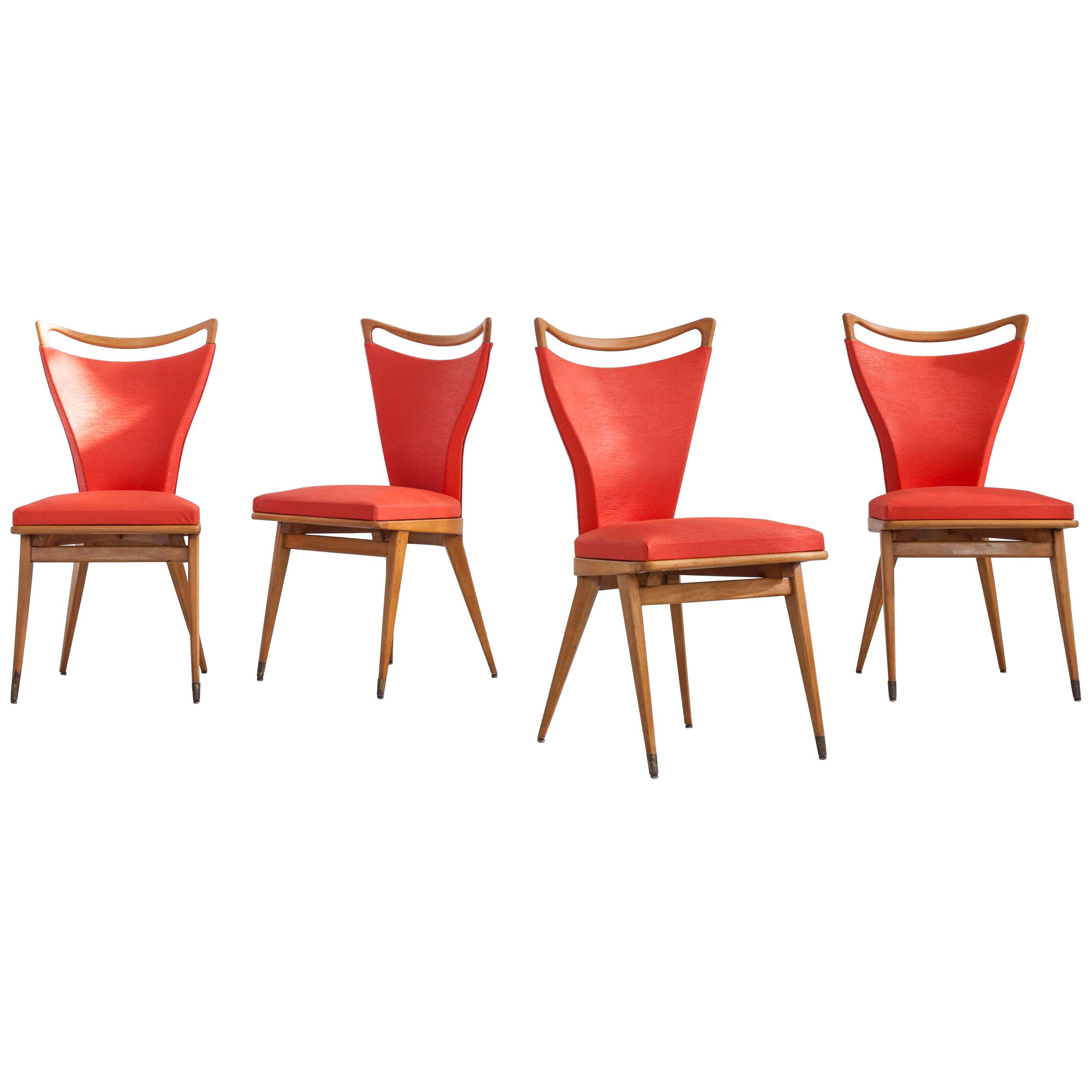 Set of 4 French Wooden Chairs with Red Faux Leather Cover, 1950s