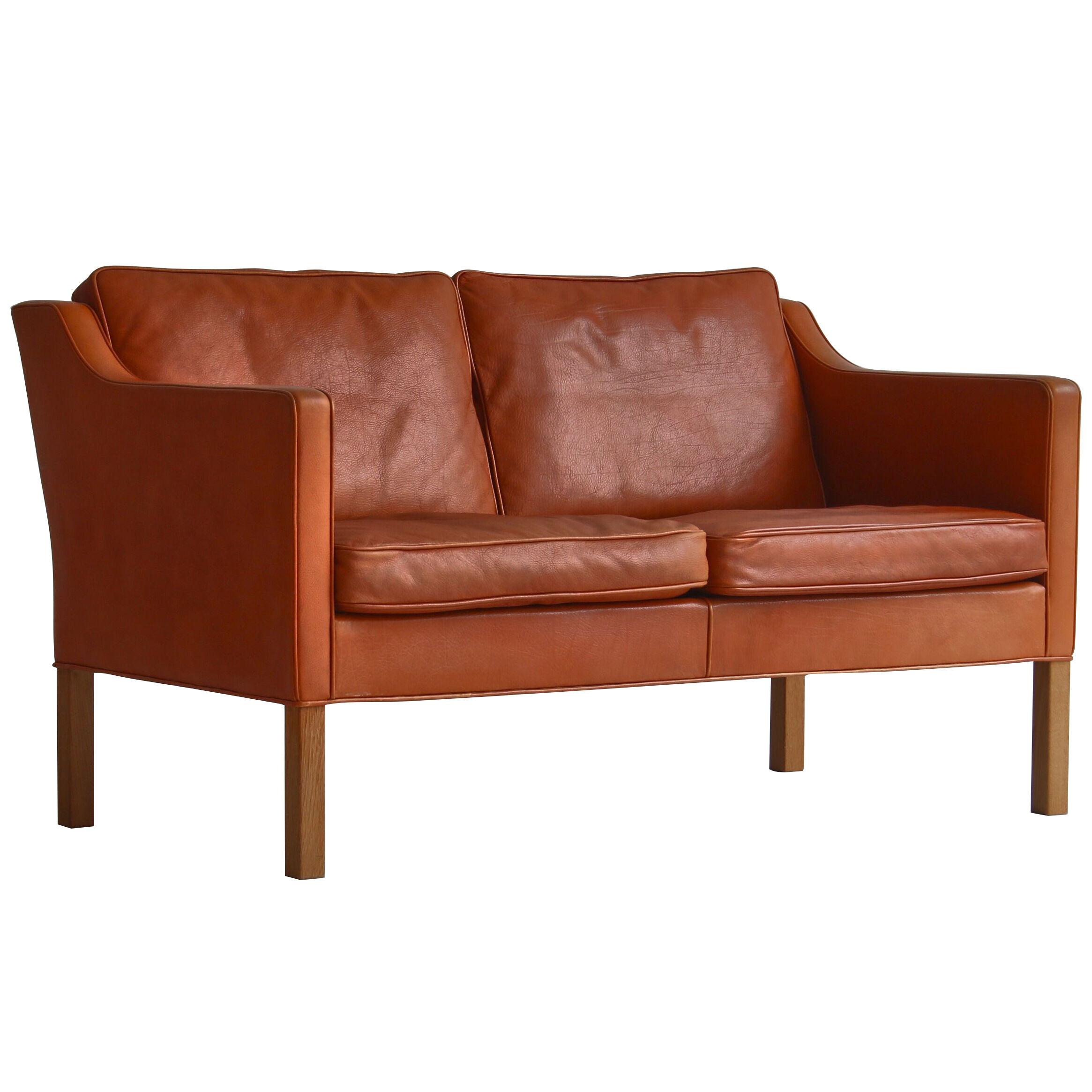 Børge Mogensen, Two Seater Sofa Model 2422 in Natural Leather and Oak, 1970s