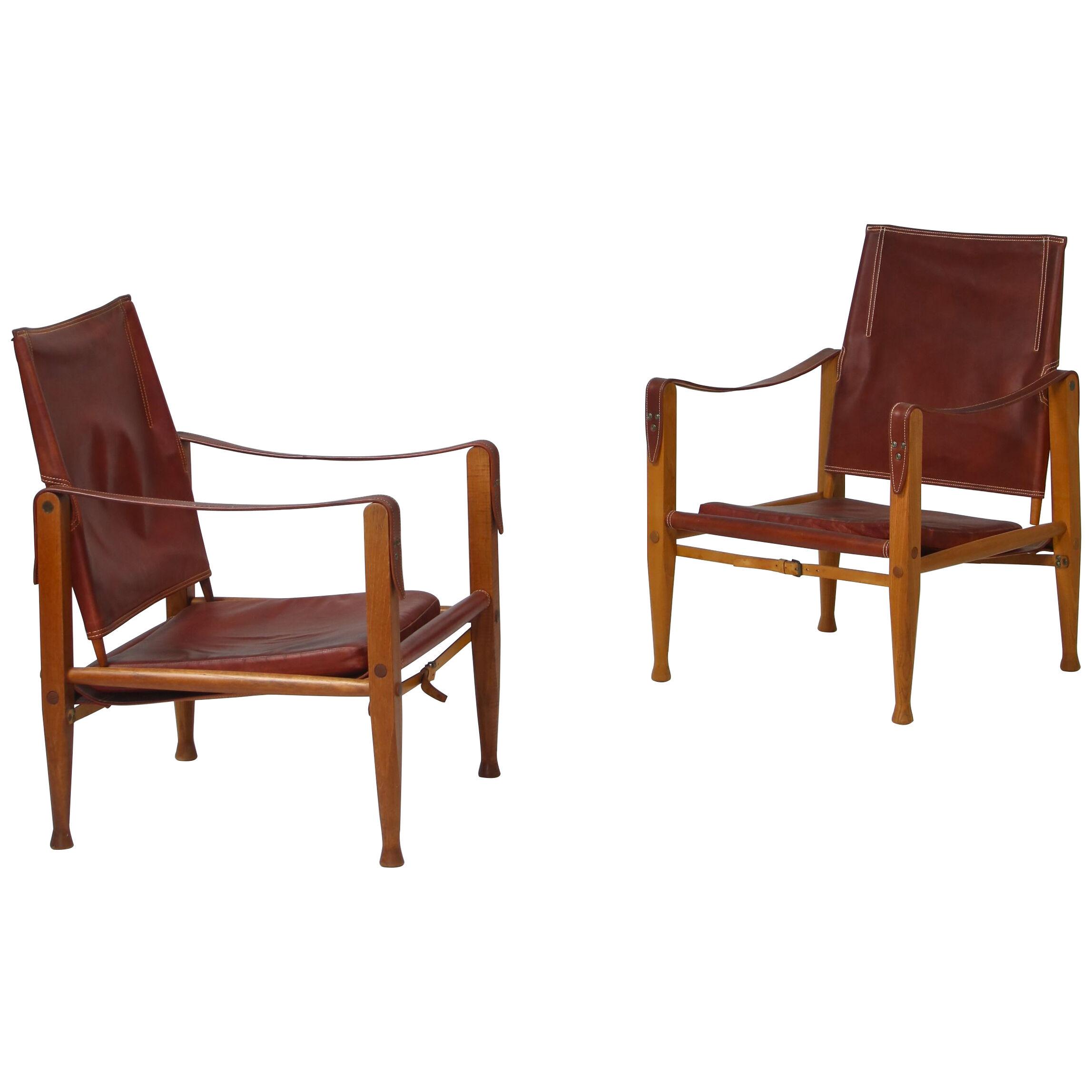 Kaare Klint "Safari" Lounge Chairs in Red Leather and Ash, Rud Rasmussen, 1950s