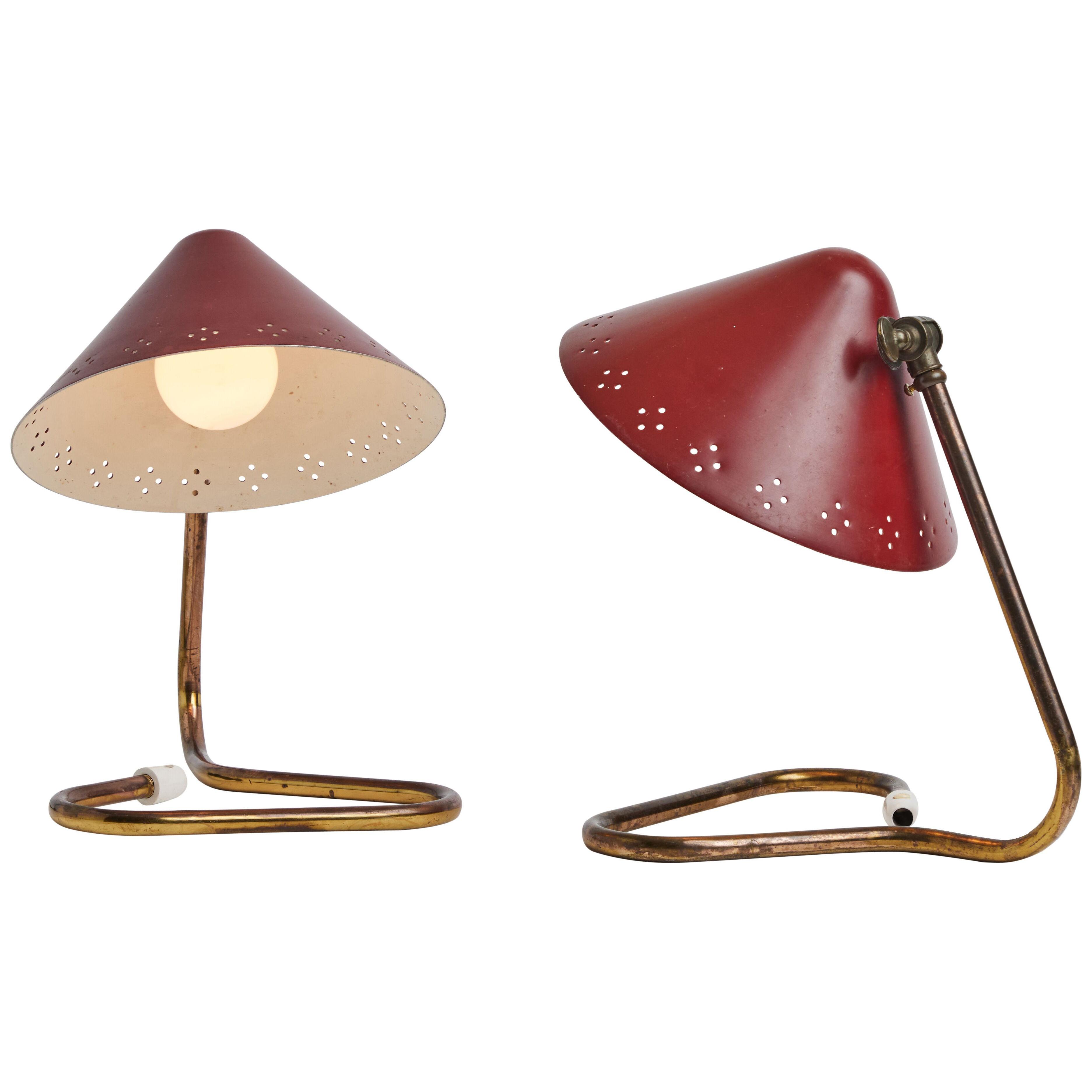 Pair of 1950s Erik Warna 'GK14' Red Perforated Shade Table Lamps