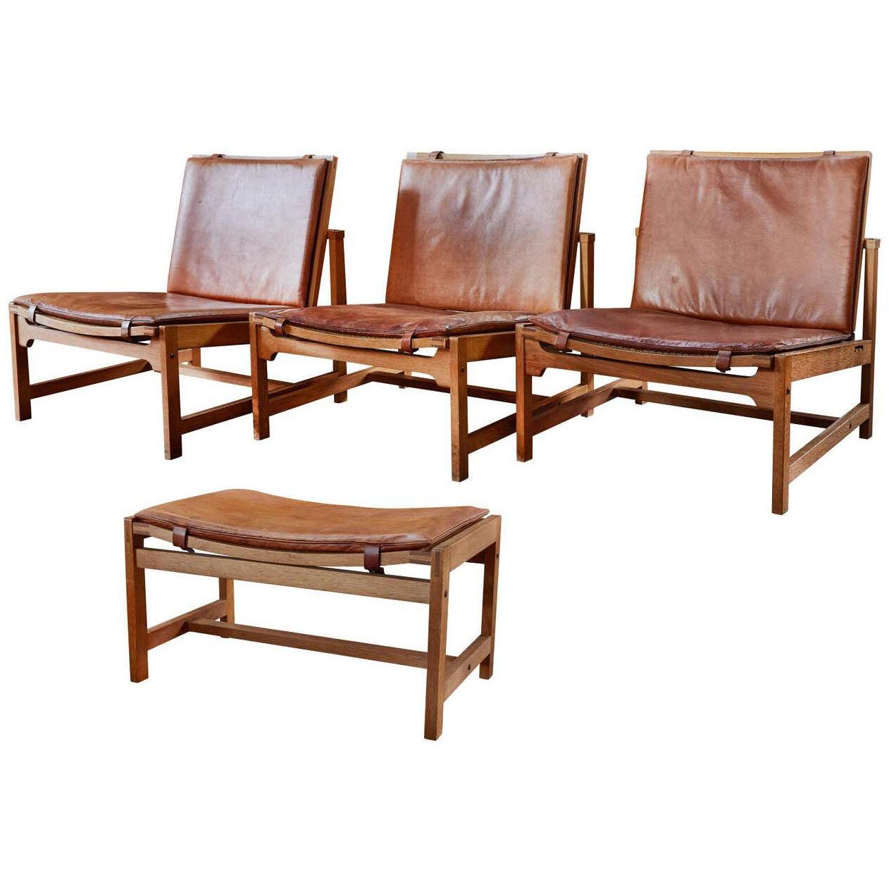Set of 3 Arne Karlsen & Peter Hjort Leather & Wicker Lounge Chairs with Ottoman