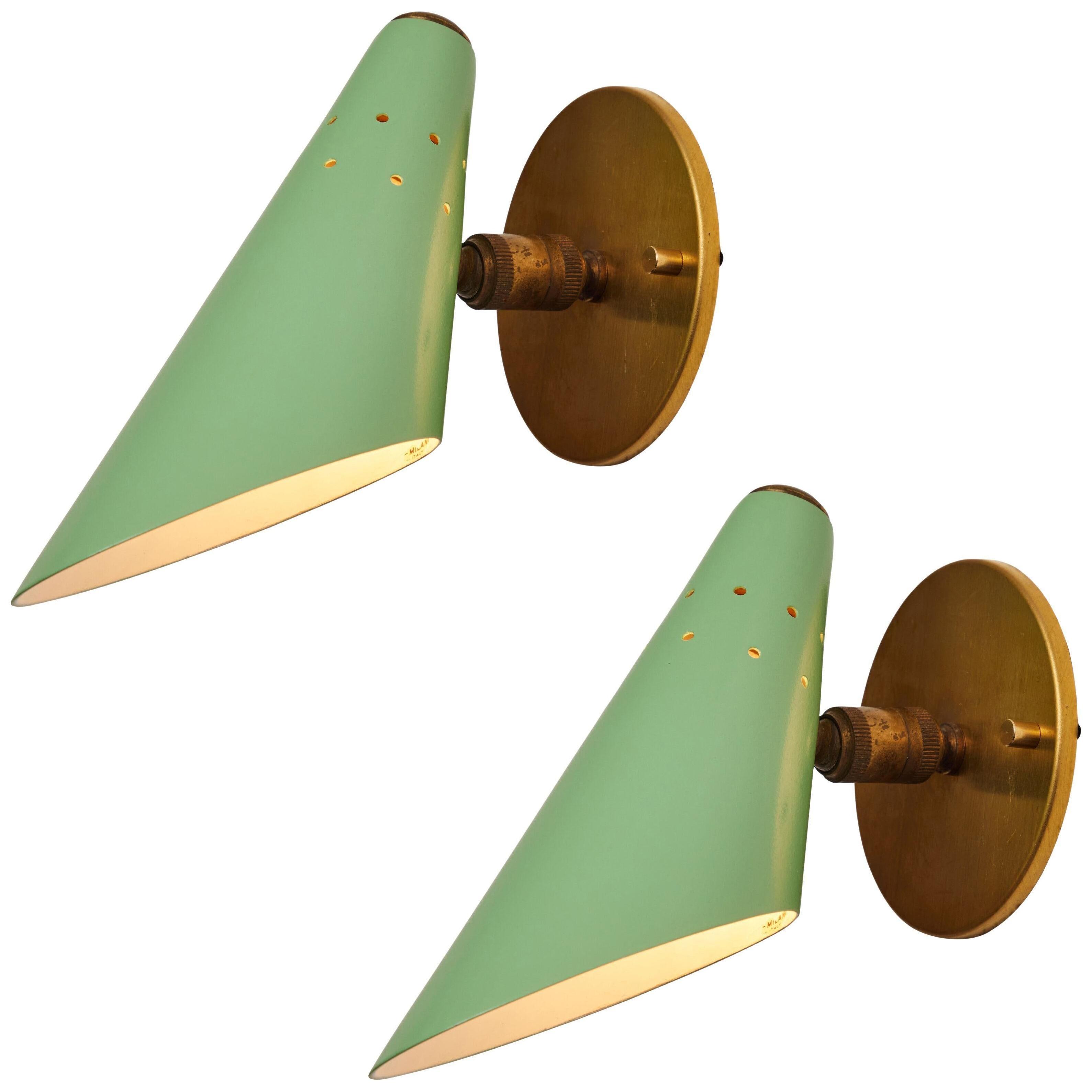 Pair of 1960s Stilux Milano Perforated Green & Brass Articulating Sconces