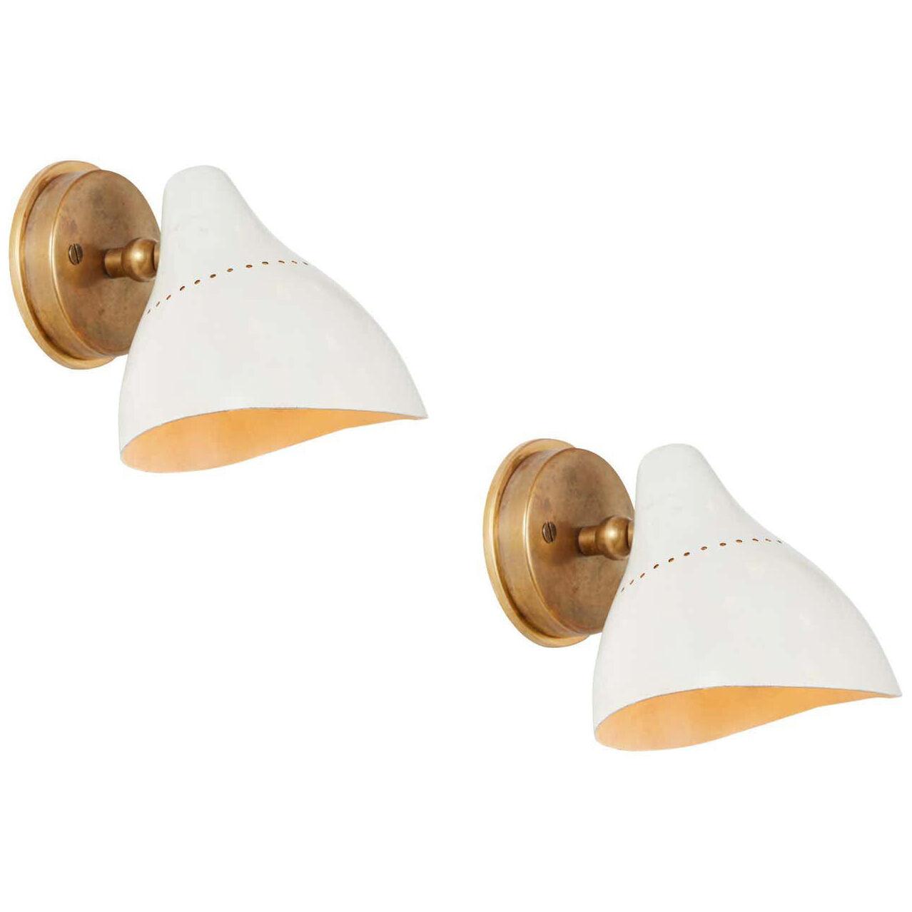 Pair of 1950s White Perforated Metal & Brass Sconces by Stilnovo