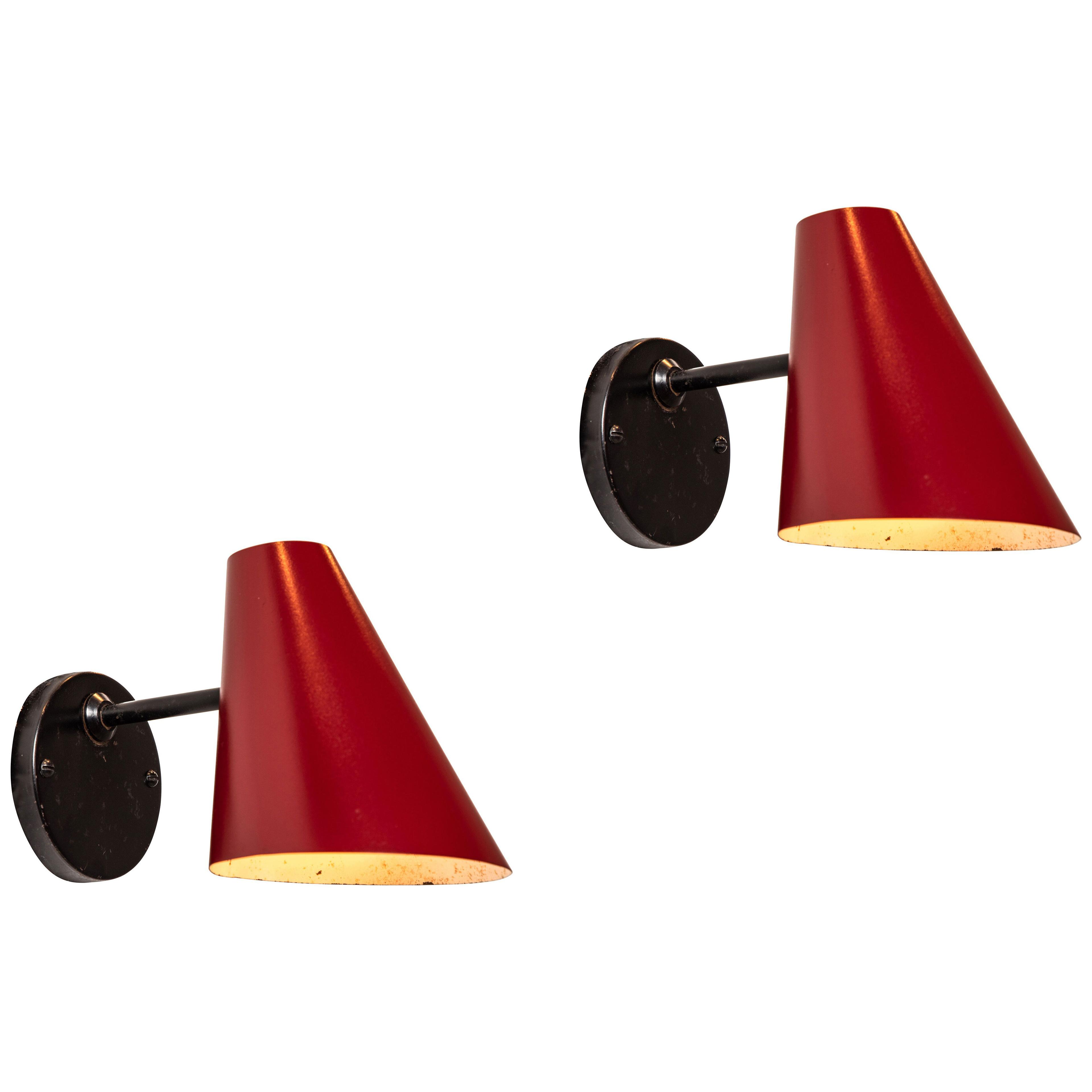 Pair of 1950s Jacques Biny Red & Black Wall Lights
