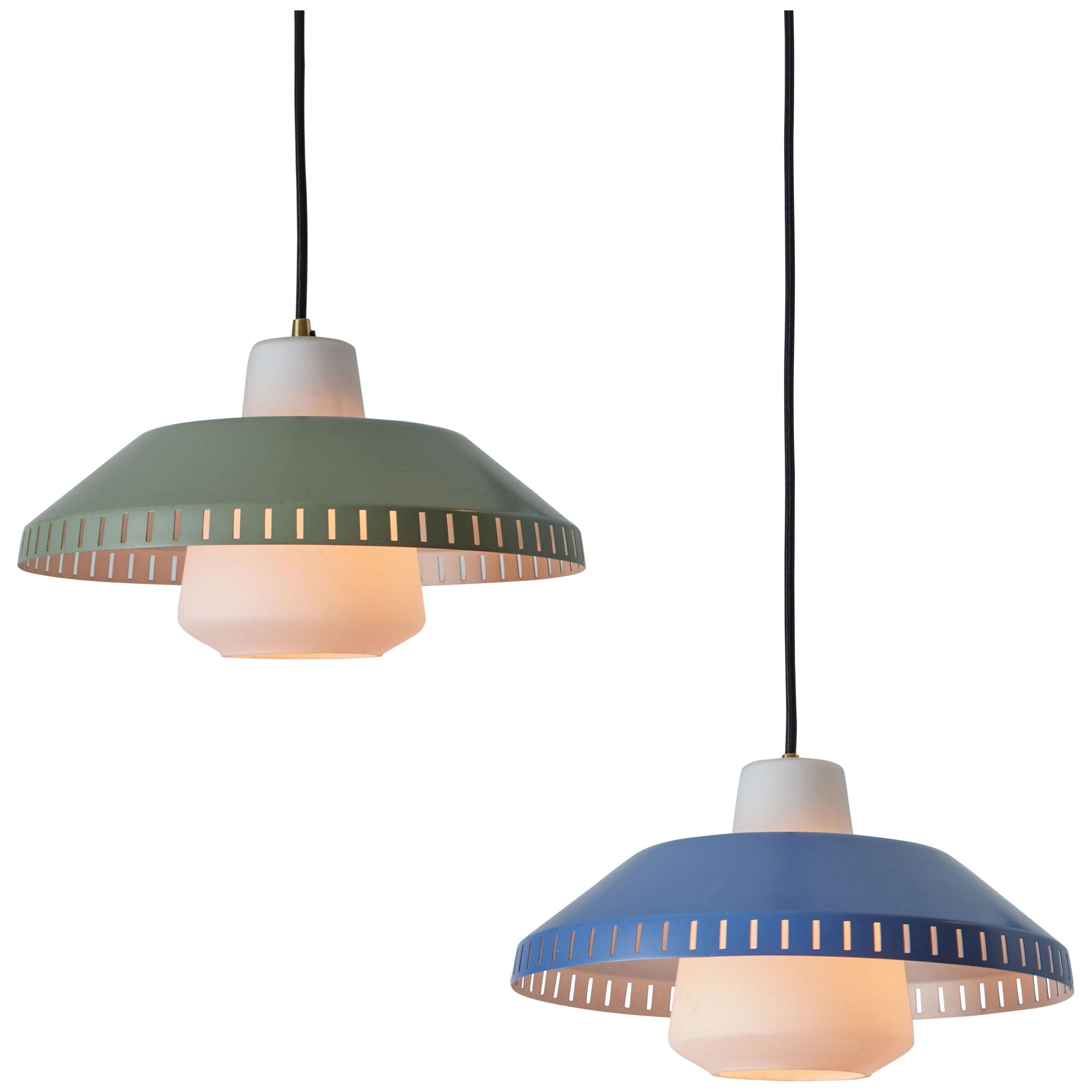 Pair of 1960s Metal & Opaline Glass Pendants Attributed to Lisa Johansson-Pape