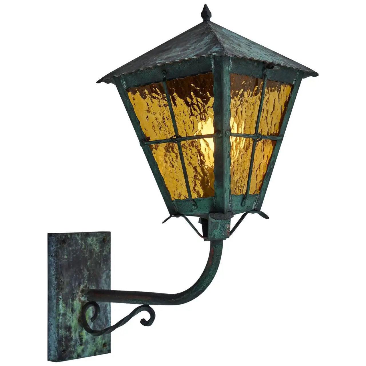 1950s Large Scandinavian Outdoor Wall Light in Patinated Copper and Amber Glass